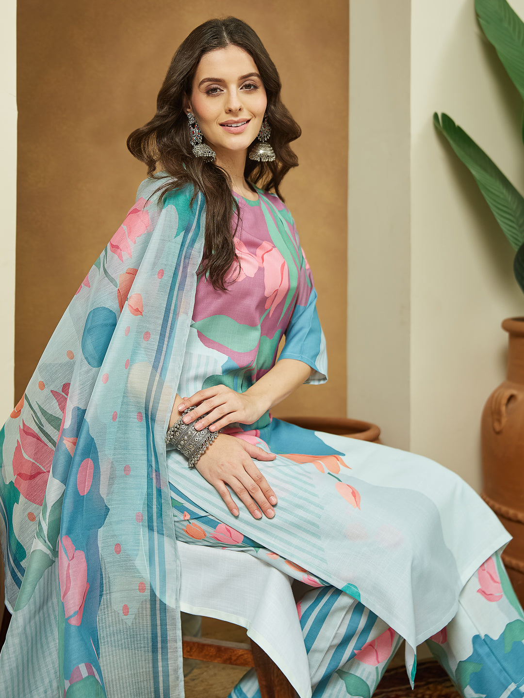 Naari By Shree Women's Multicolor Cotton Blend Abstract Printed Straight Kurta Set