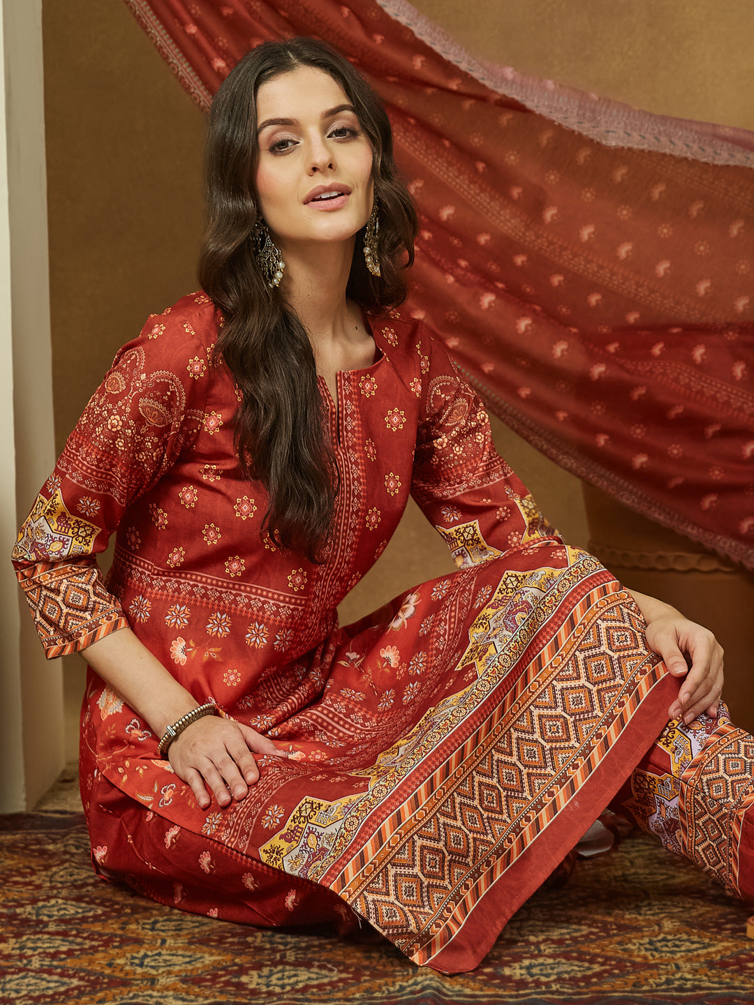 Naari By Shree Women's Rust Cotton Blend Floral Printed Pakistani Straight Kurta Set