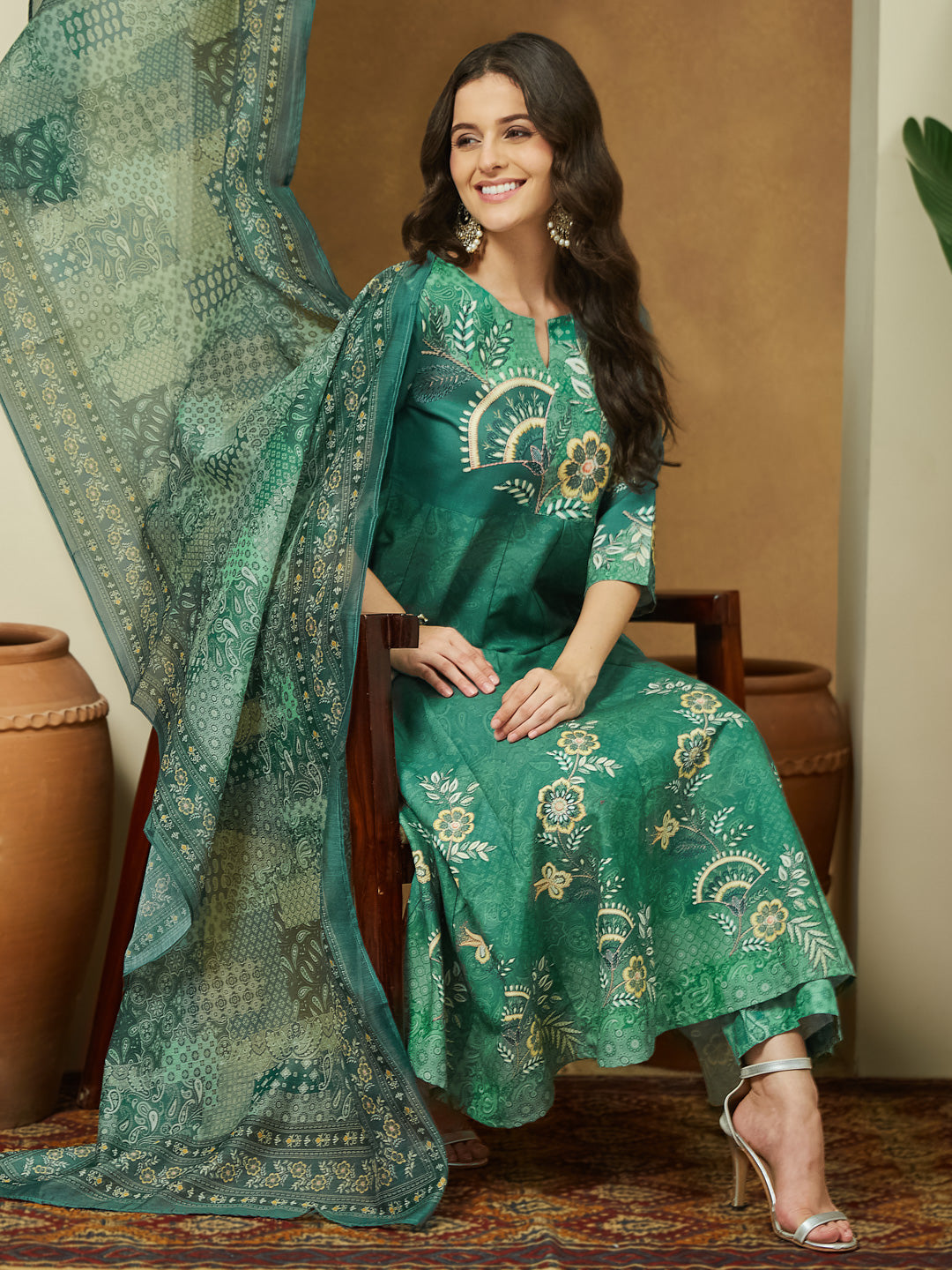 Naari By Shree Women's Sage Green Cotton Blend Floral Printed Anarkali Kurta Set