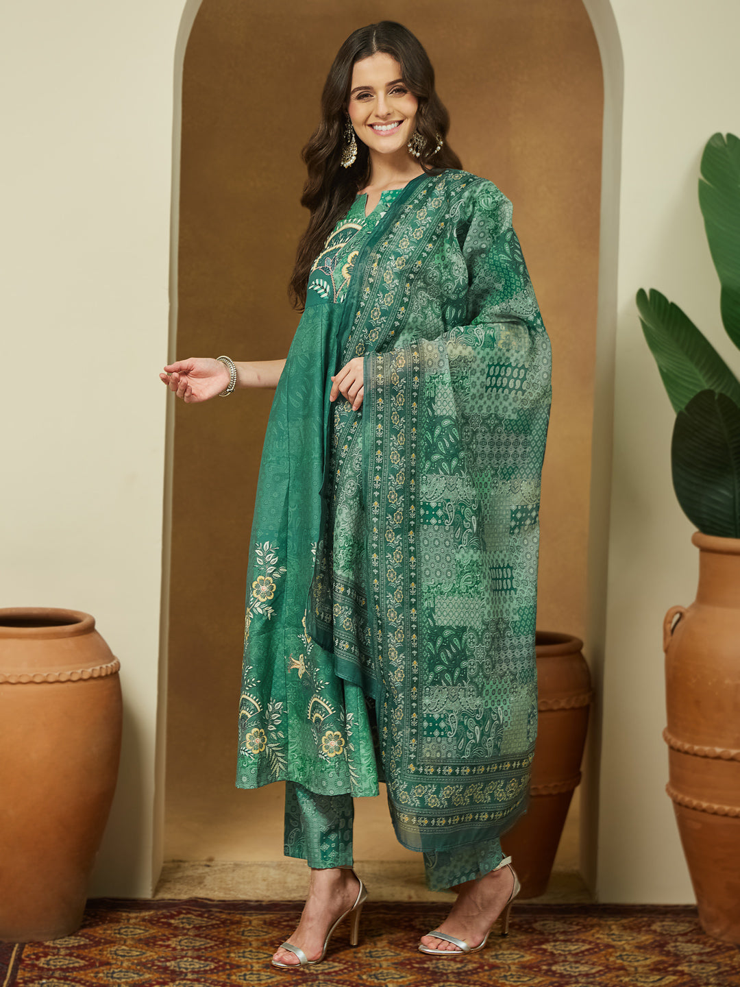 Naari By Shree Women's Sage Green Cotton Blend Floral Printed Anarkali Kurta Set