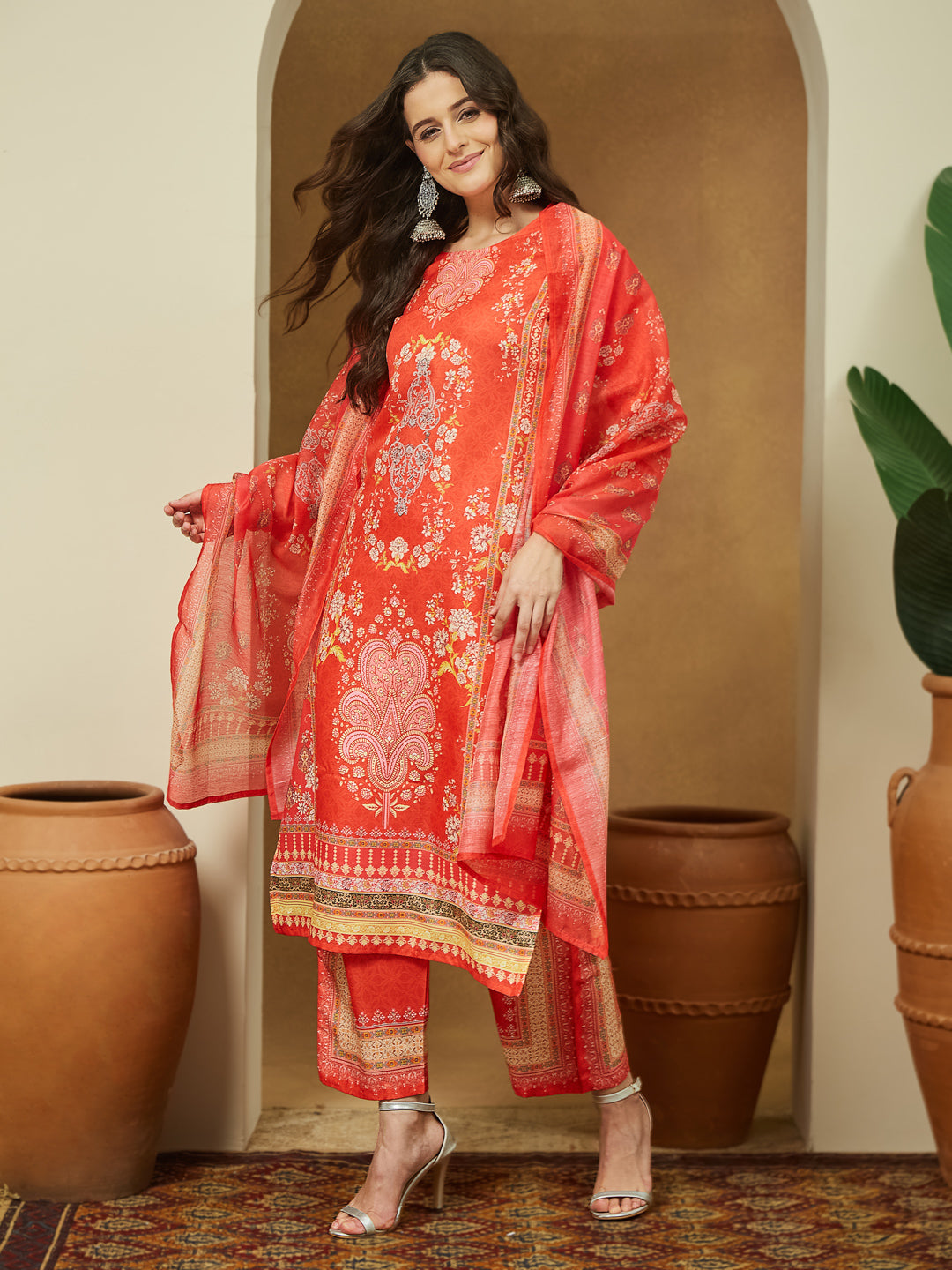 Naari By Shree Women's Orange Cotton Blend Ethnic Motifs Printed Pakistani Straight Kurta Set