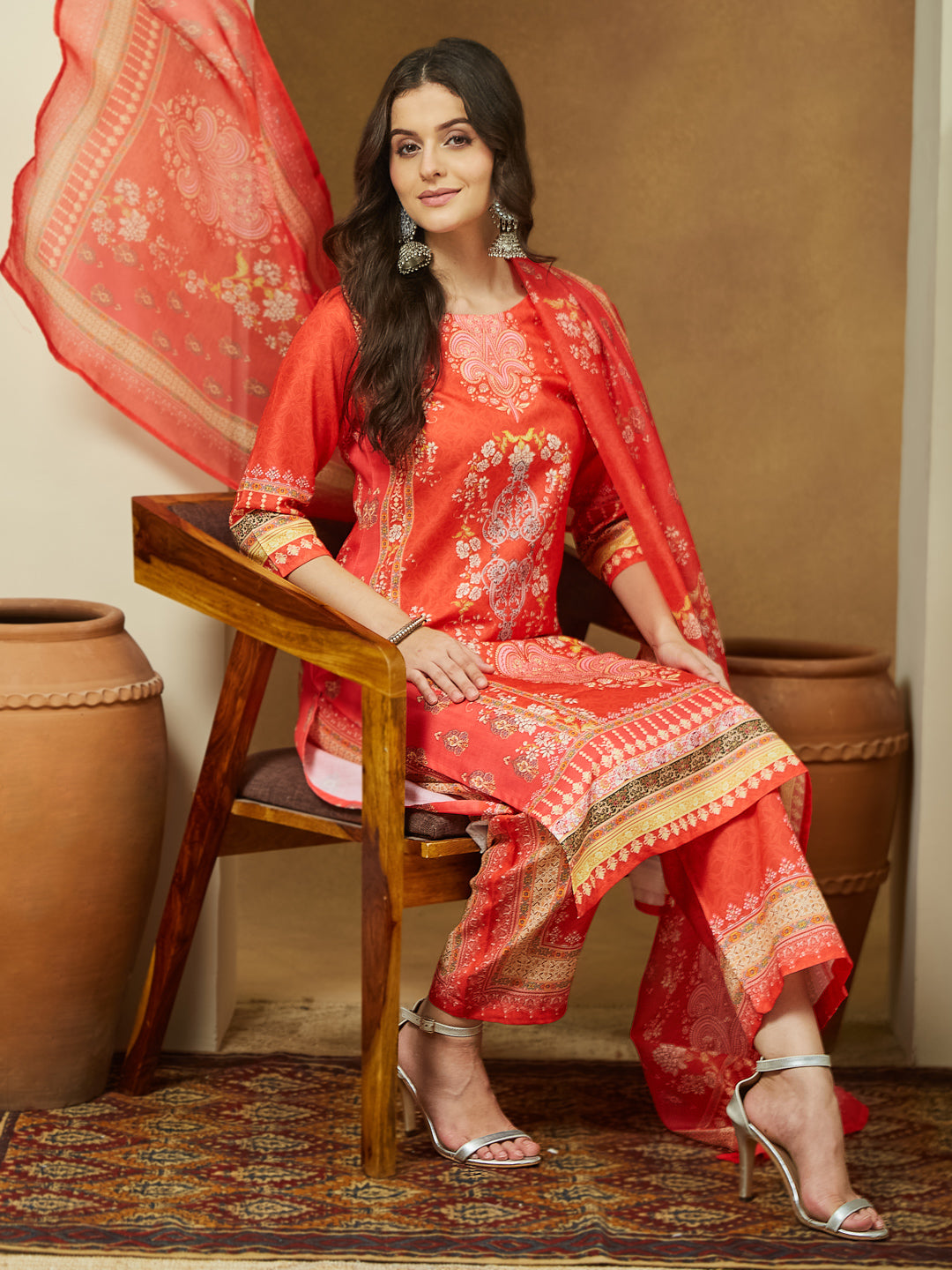 Naari By Shree Women's Orange Cotton Blend Ethnic Motifs Printed Pakistani Straight Kurta Set