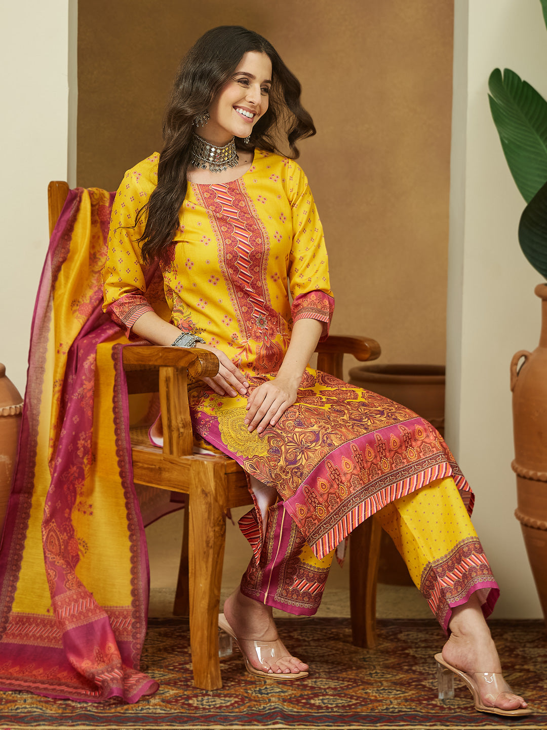 Naari By Shree Women's Yellow Cotton Blend Floral Printed Straight Kurta Set