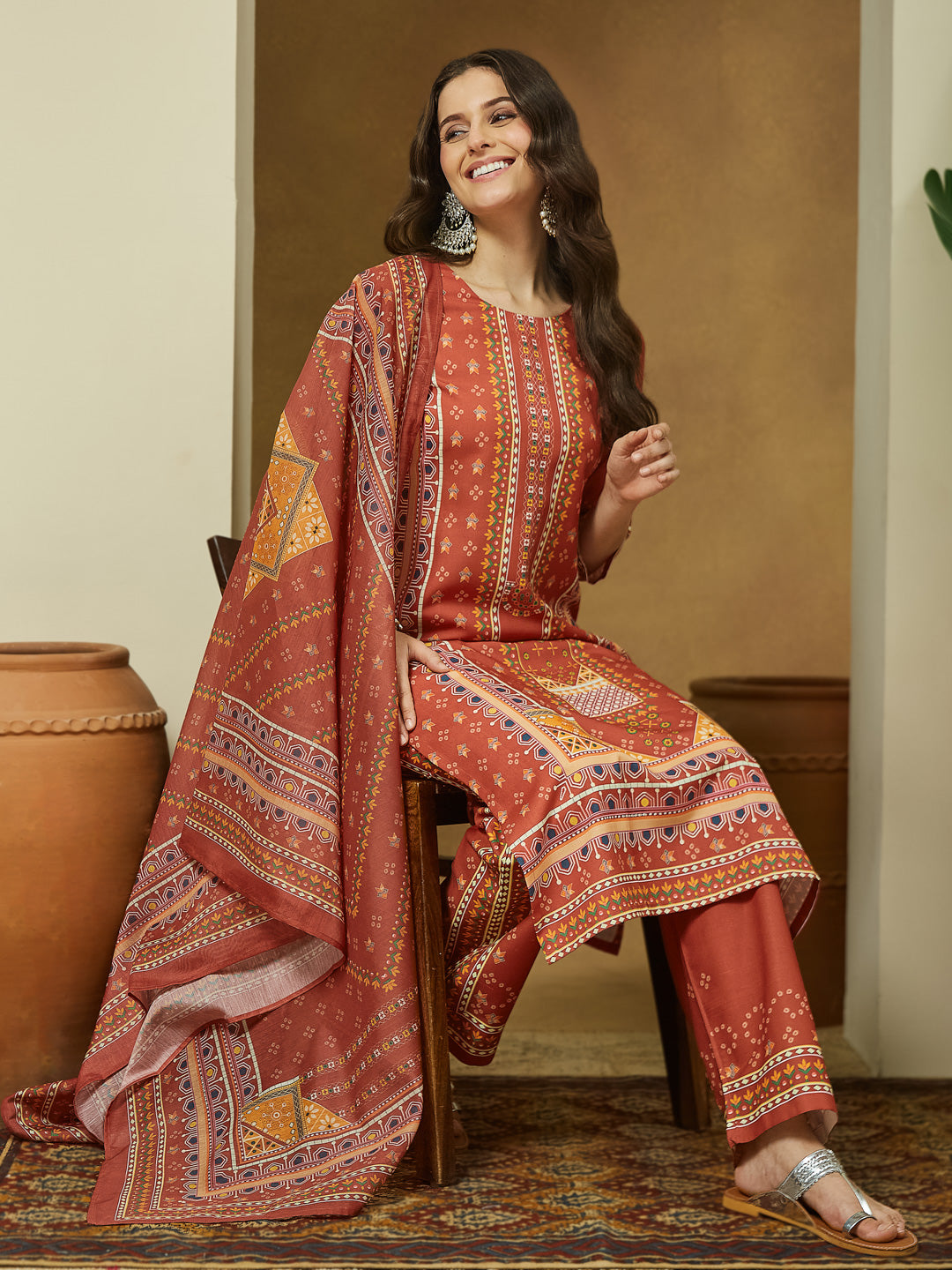 Naari By Shree Women's Rust Cotton Blend Ethnic Motifs Printed Straight Kurta Set