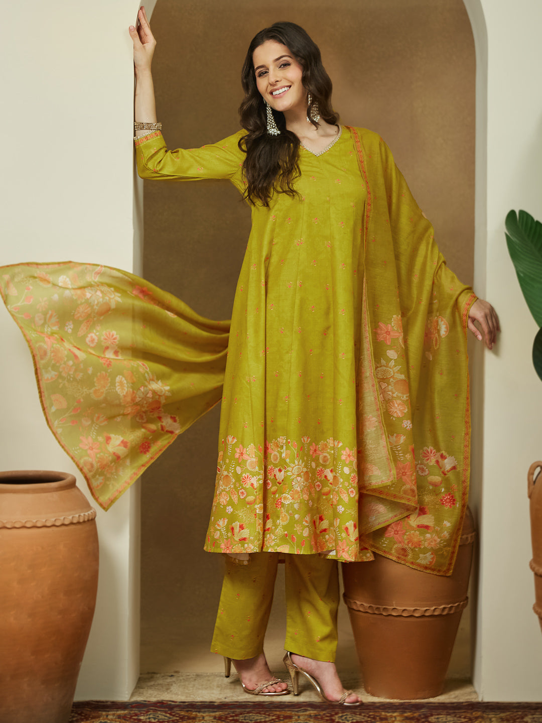 Naari By Shree Women's Mustard Cotton Blend Floral Printed Anarkali Kurta Set