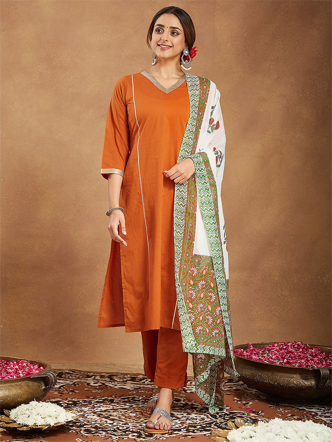 Naari By Shree Women's Orange Pure Cotton Solid Straight Kurta Set