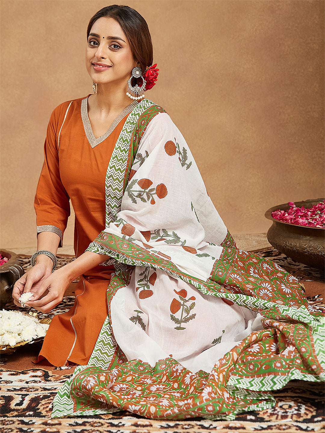 Naari By Shree Women's Orange Pure Cotton Solid Straight Kurta Set