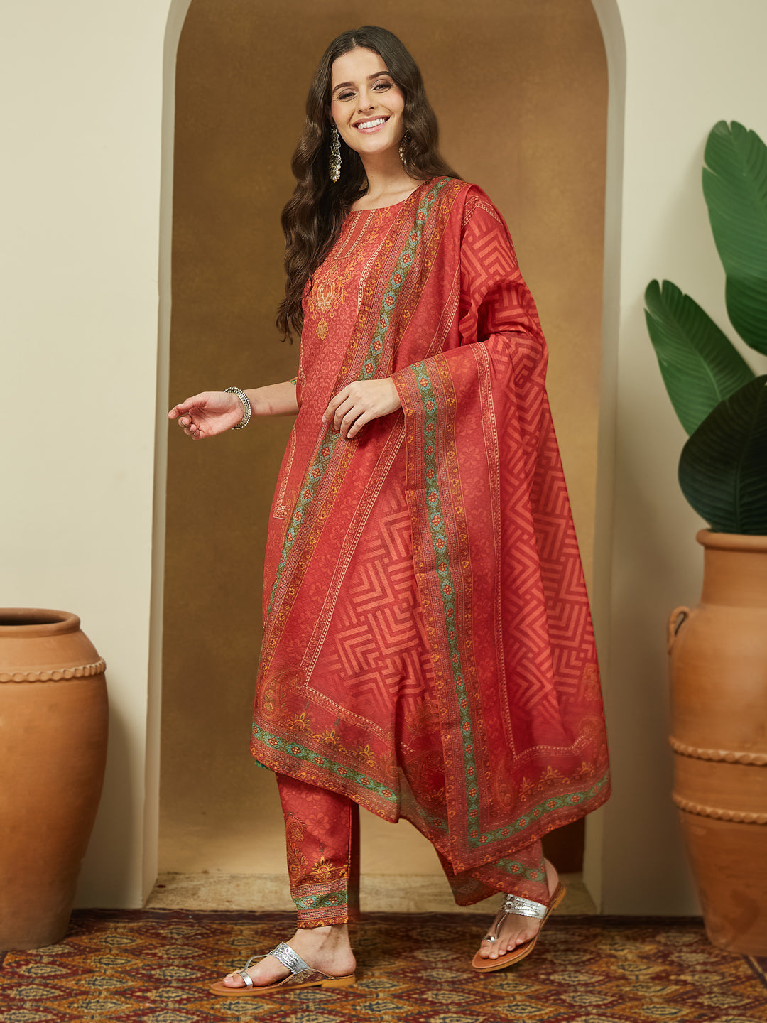 Naari By Shree Women's Rust Cotton Blend Ethnic Motifs Printed Straight Kurta Set