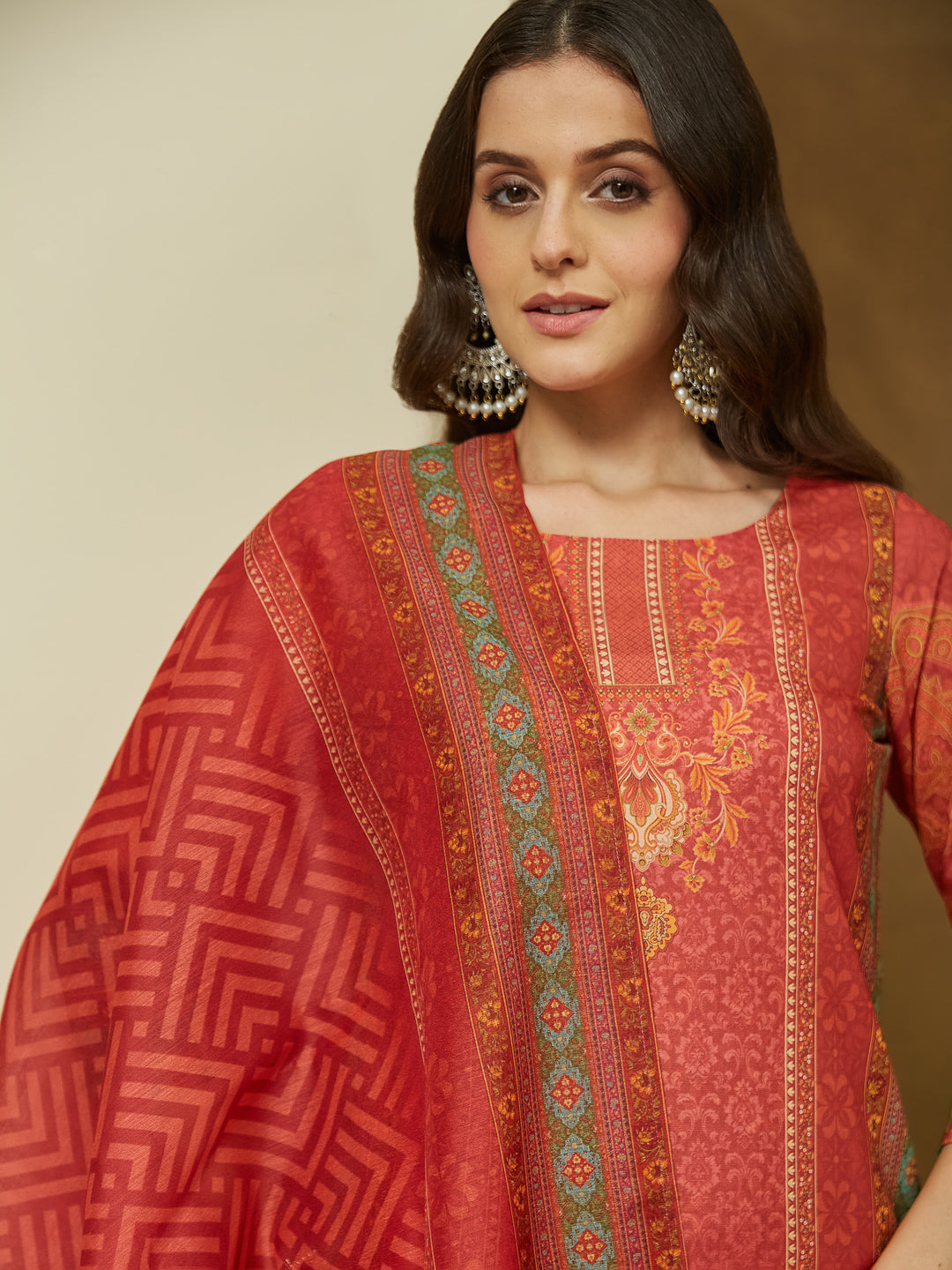 Naari By Shree Women's Rust Cotton Blend Ethnic Motifs Printed Straight Kurta Set