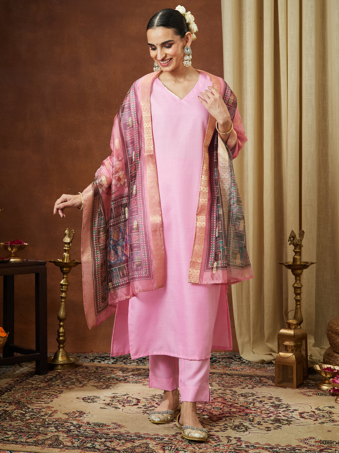 Naari By Shree Women's Light Pink Cotton Blend Yoke Design Straight Kurta Set With Printed Dupatta