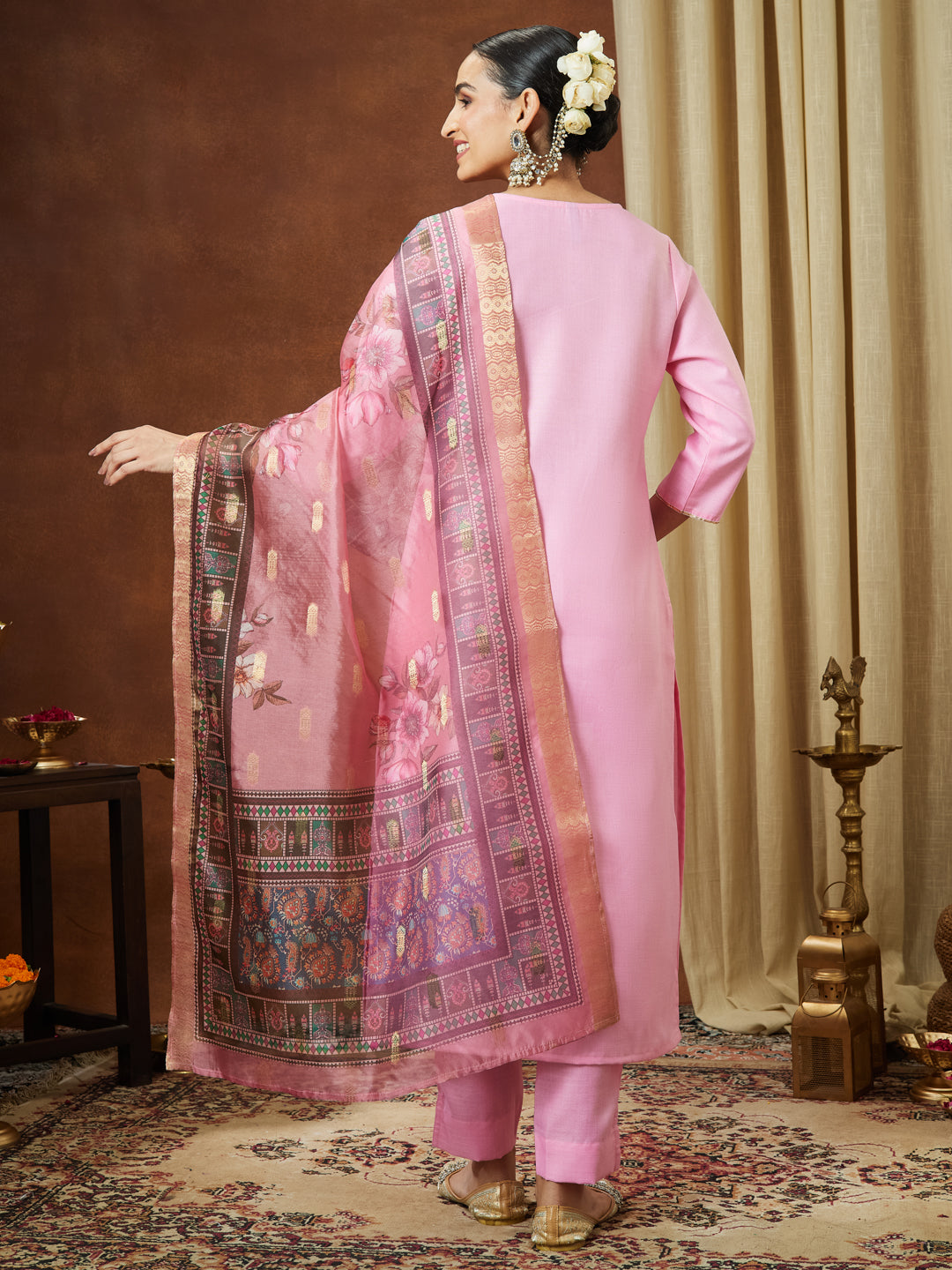 Naari By Shree Women's Light Pink Cotton Blend Yoke Design Straight Kurta Set With Printed Dupatta