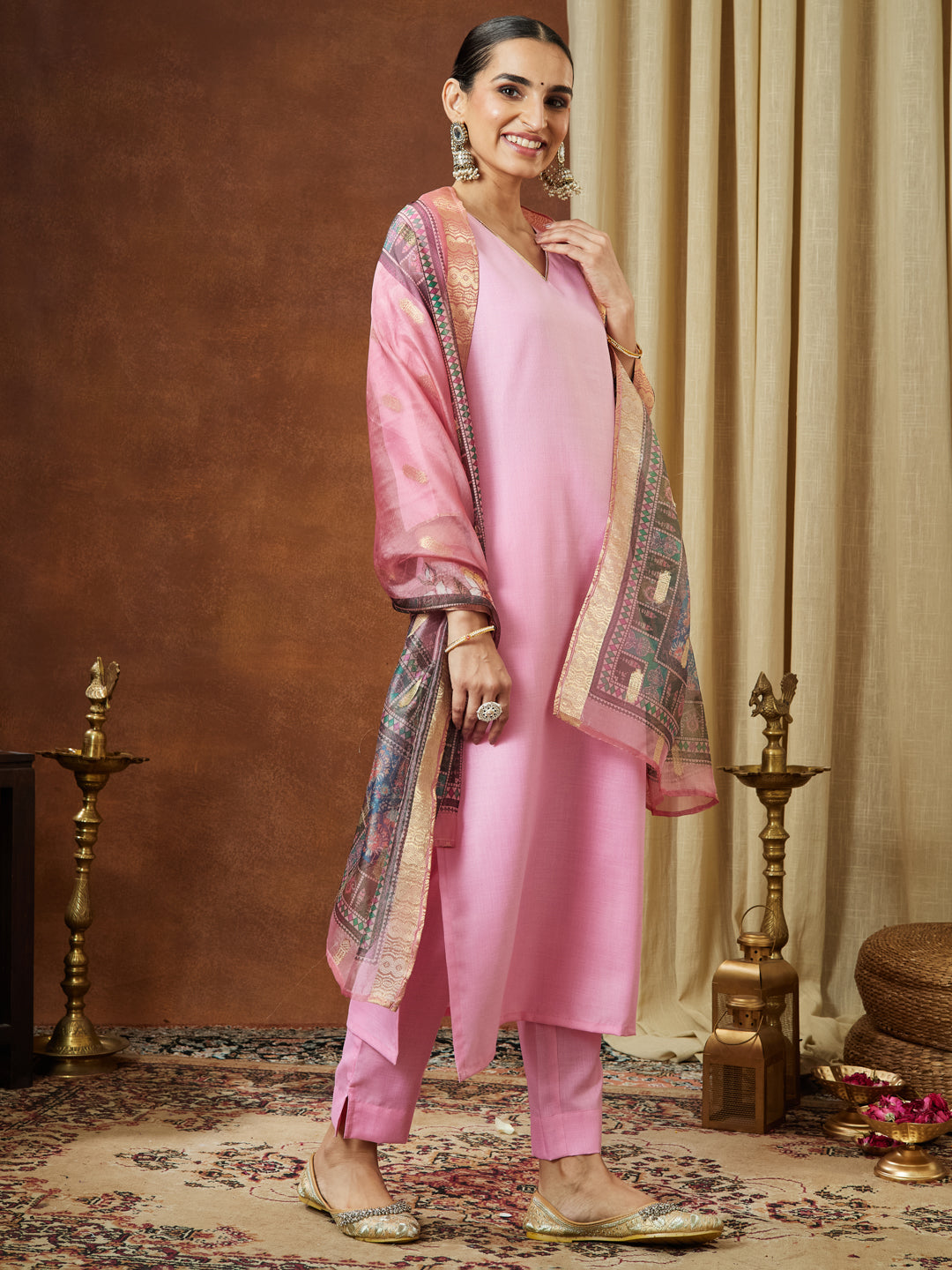 Naari By Shree Women's Light Pink Cotton Blend Yoke Design Straight Kurta Set With Printed Dupatta