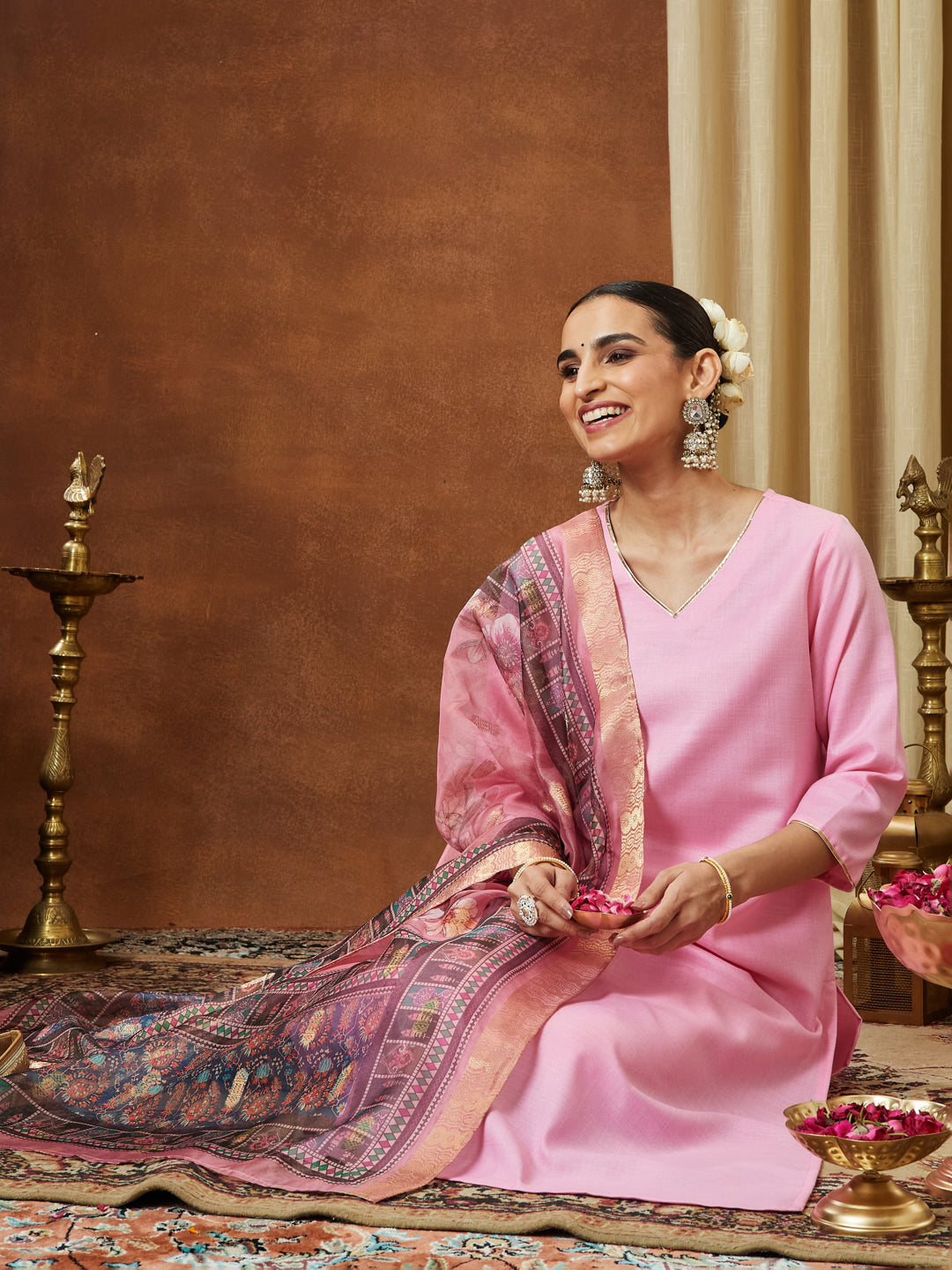 Naari By Shree Women's Light Pink Cotton Blend Yoke Design Straight Kurta Set With Printed Dupatta