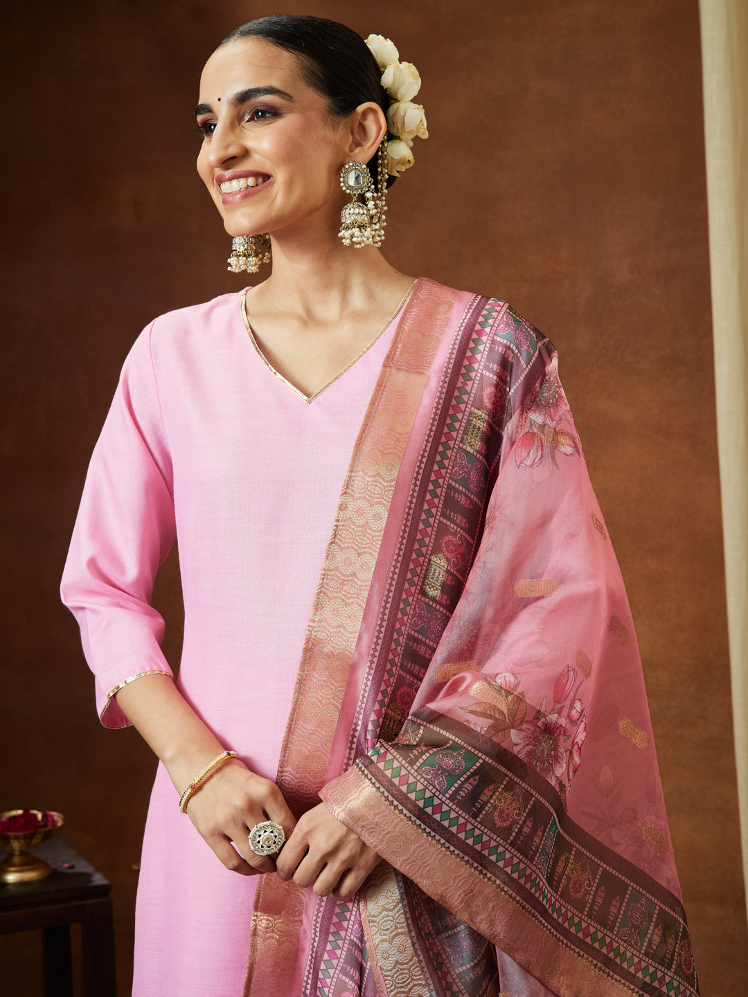 Naari By Shree Women's Light Pink Cotton Blend Yoke Design Straight Kurta Set With Printed Dupatta