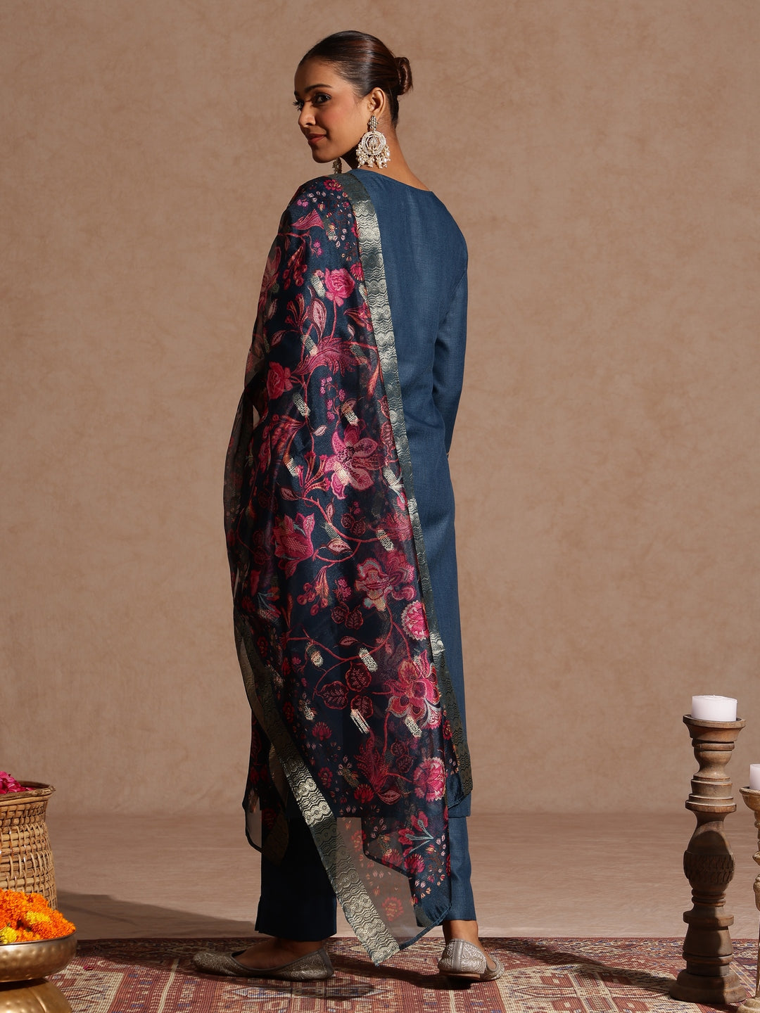 Naari By Shree Women's Teal Blue Cotton Blend Yoke Design Straight Kurta Set With Printed Dupatta