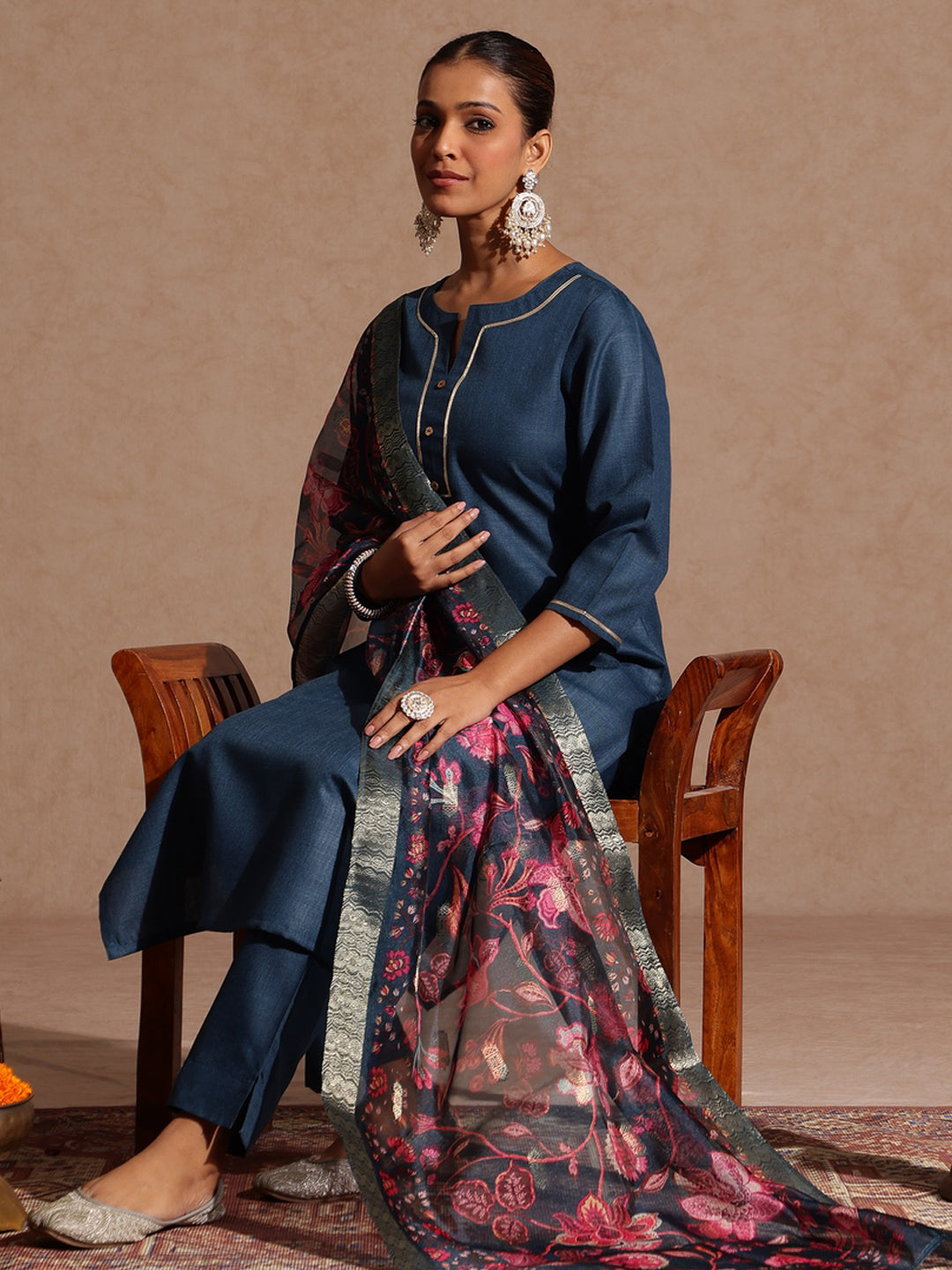 Naari By Shree Women's Teal Blue Cotton Blend Yoke Design Straight Kurta Set With Printed Dupatta