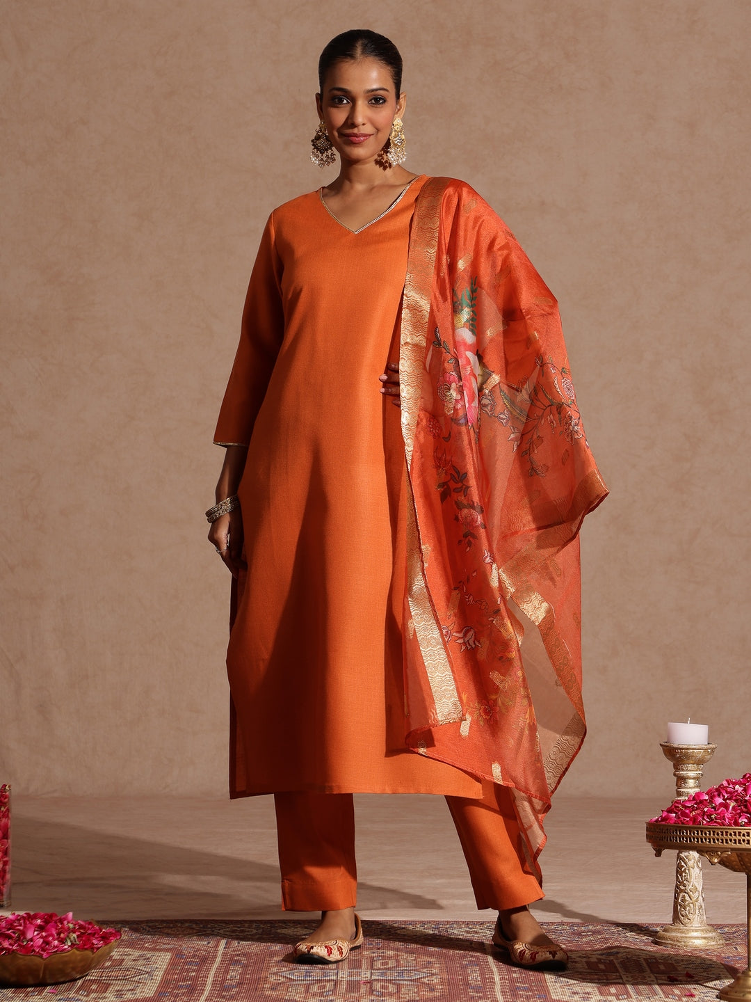 Naari By Shree Women's Orange Cotton Blend Yoke Design Straight Kurta Set With Printed Dupatta