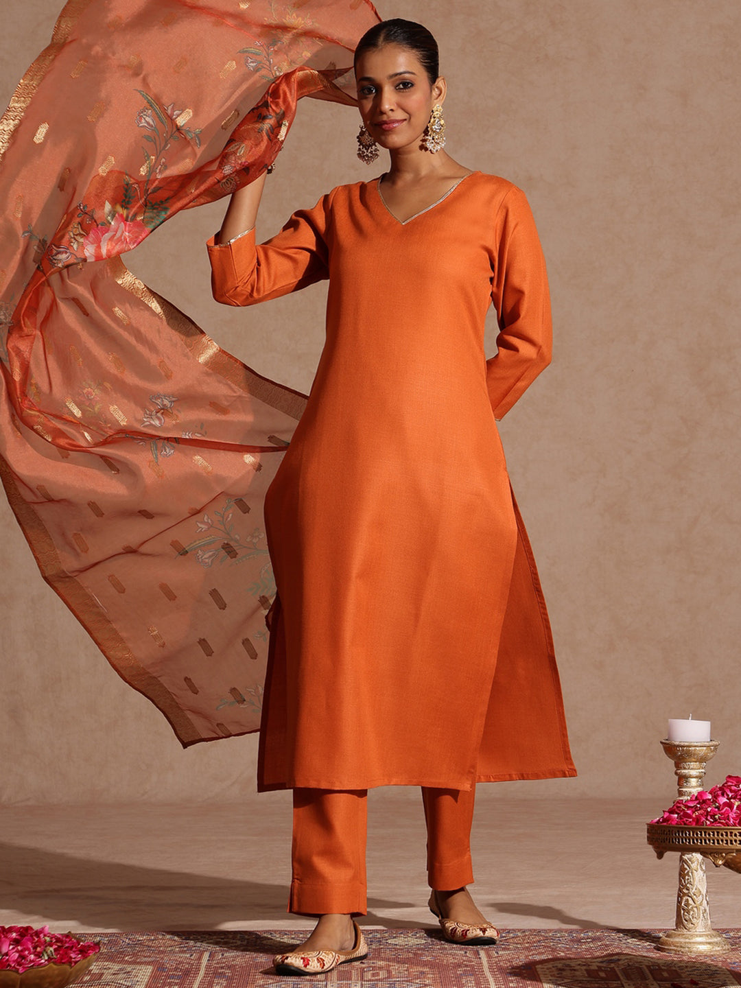 Naari By Shree Women's Orange Cotton Blend Yoke Design Straight Kurta Set With Printed Dupatta