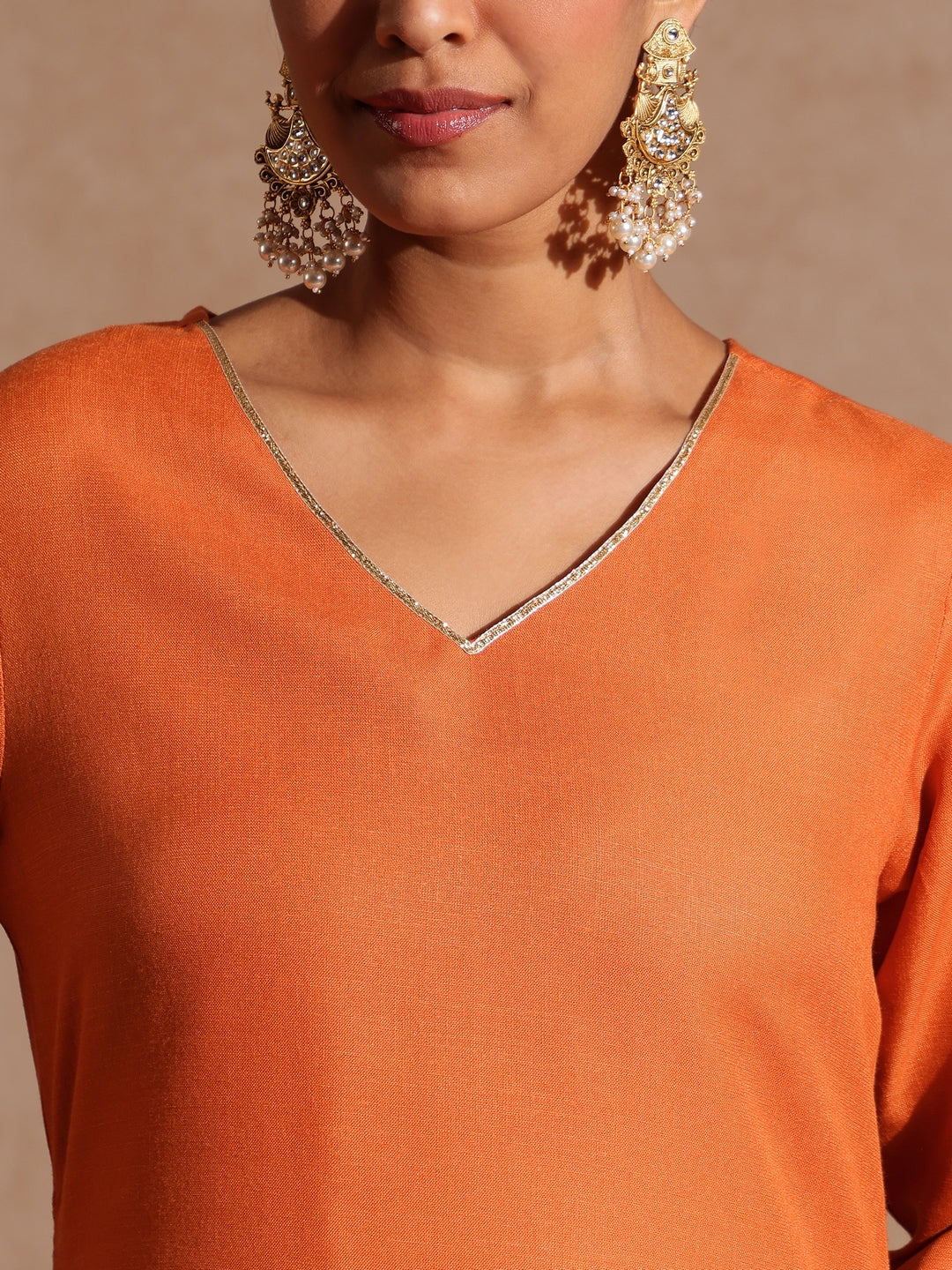 Naari By Shree Women's Orange Cotton Blend Yoke Design Straight Kurta Set With Printed Dupatta