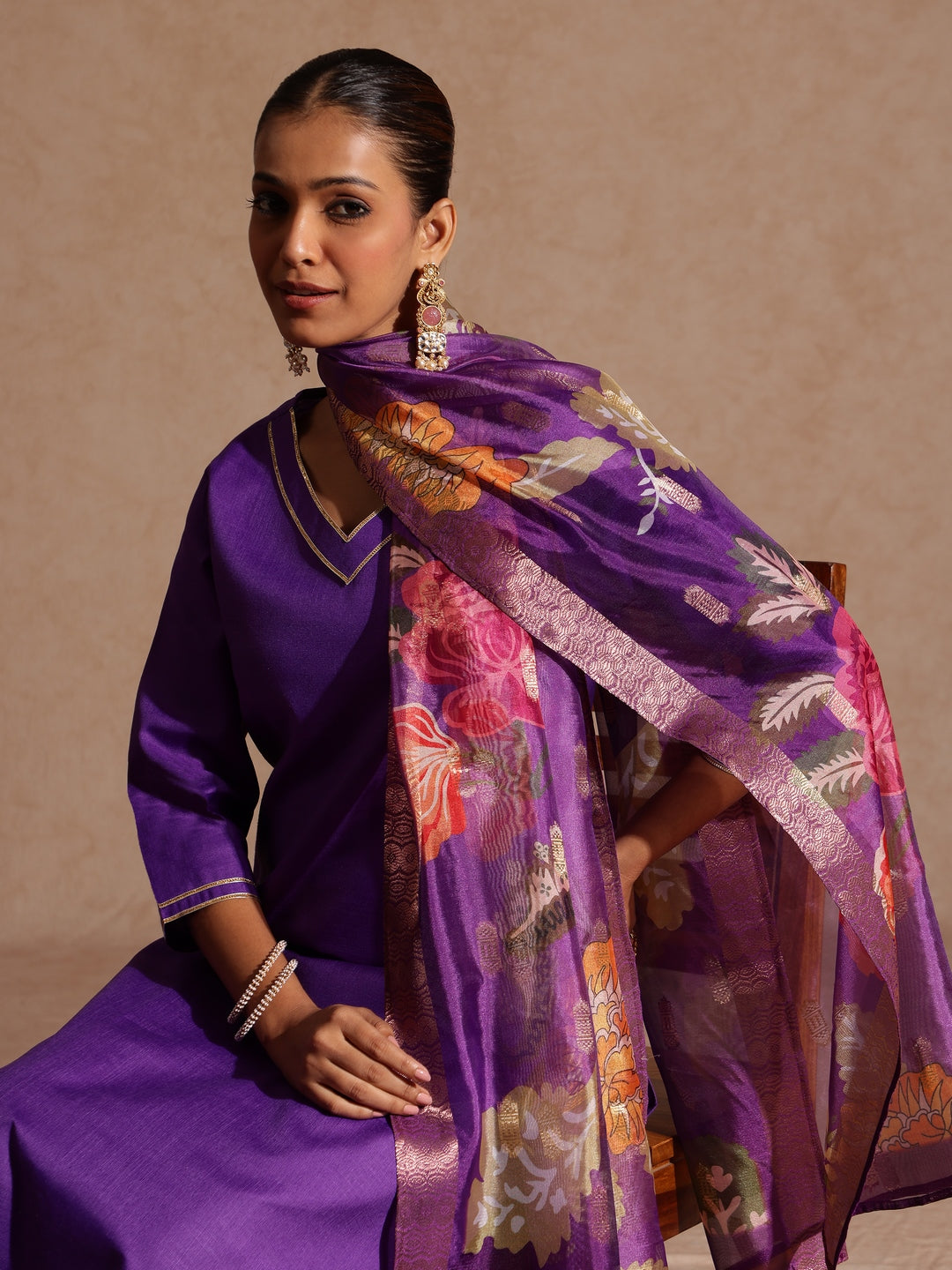 Naari By Shree Women's Purple Cotton Blend Yoke Design Straight Kurta Set With Printed Jacquard Dupatta