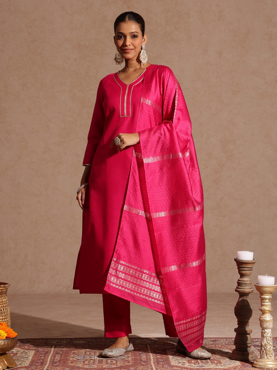 Naari By Shree Women's Pink Cotton Blend Yoke Design Straight Kurta Set