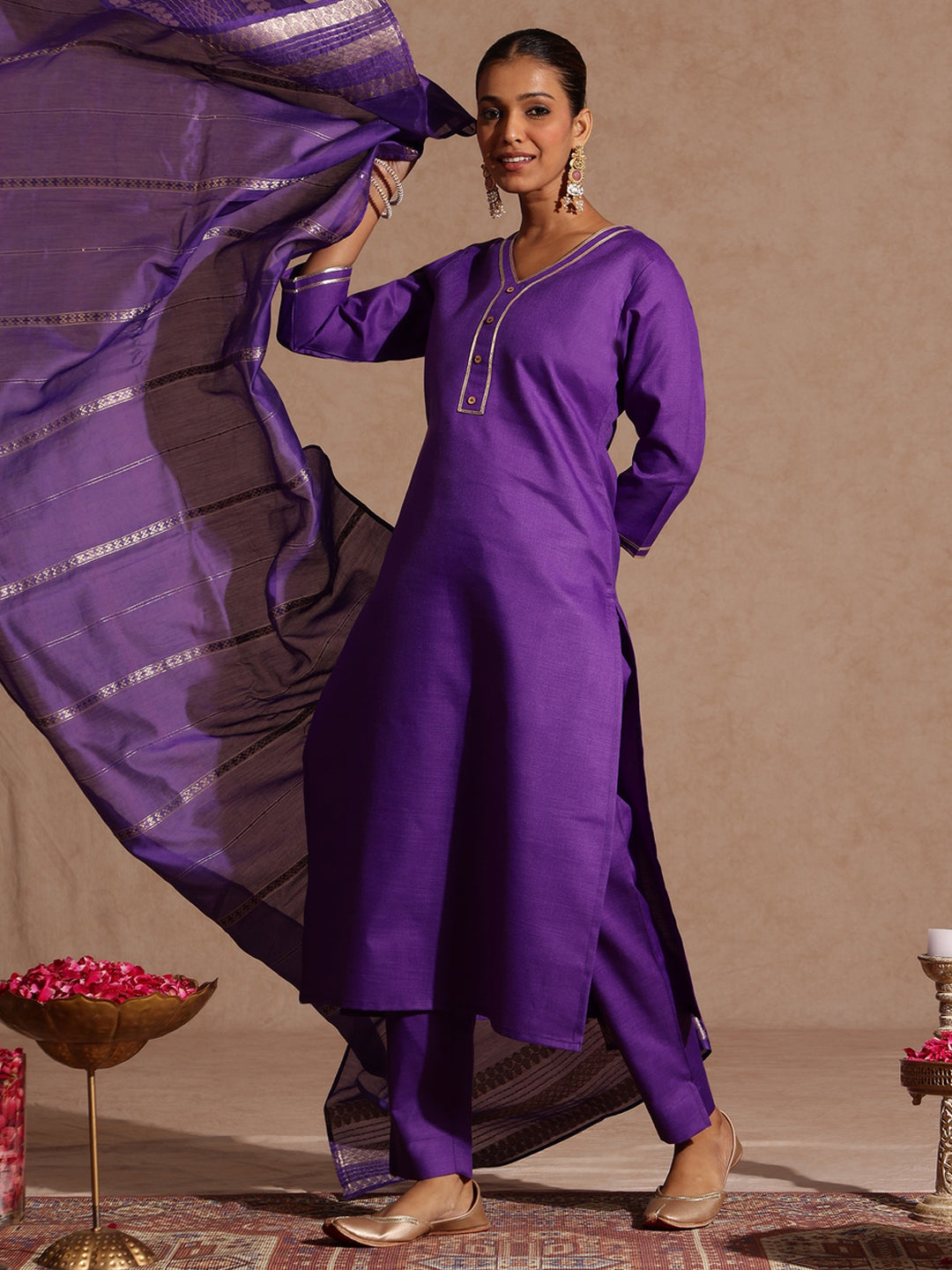 Naari By Shree Women's Purple Cotton Blend Yoke Design Straight Kurta Set