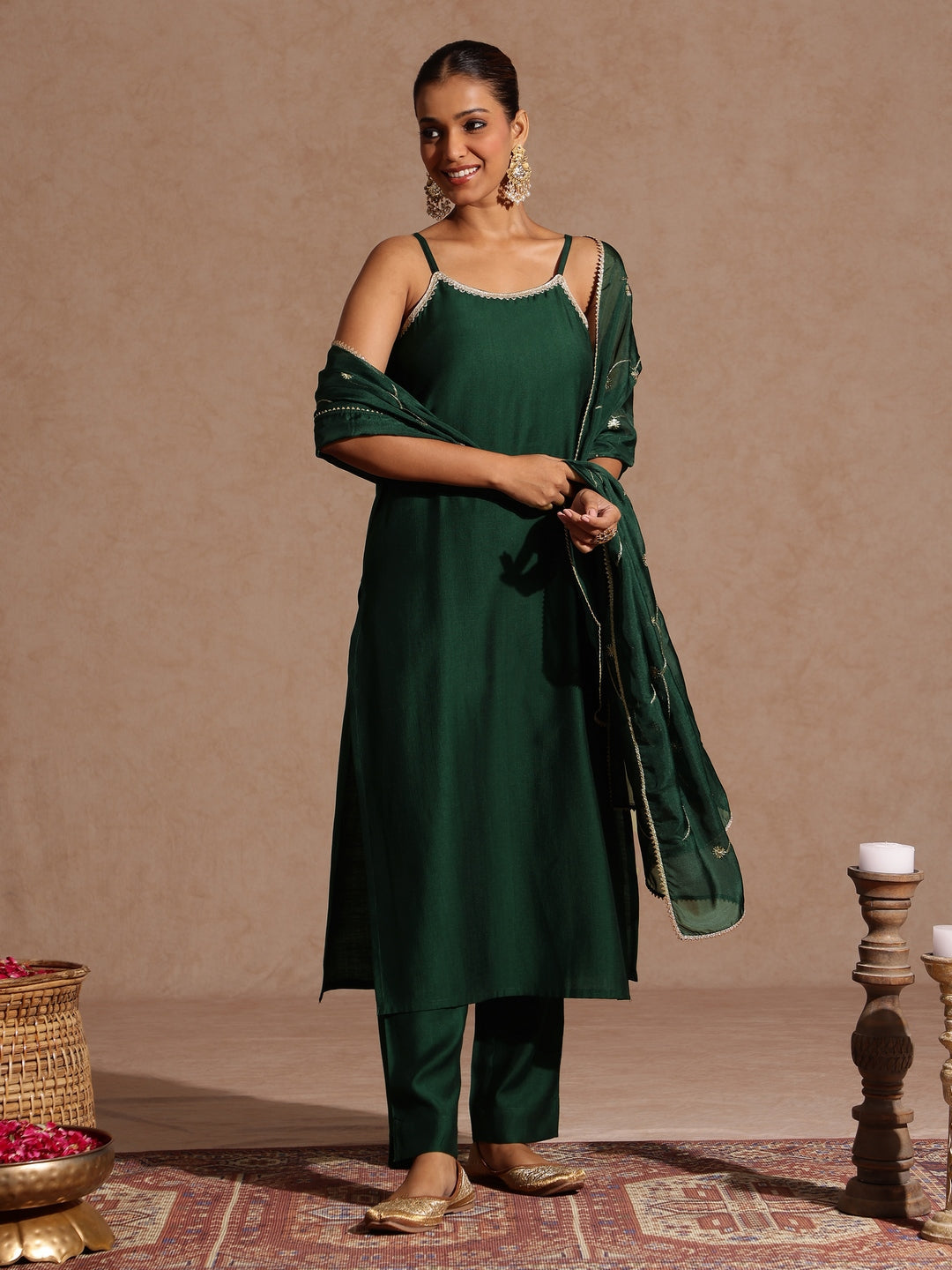 Naari By Shree Women's Bottle Green Silk Blend Embellished Straight Kurta Set