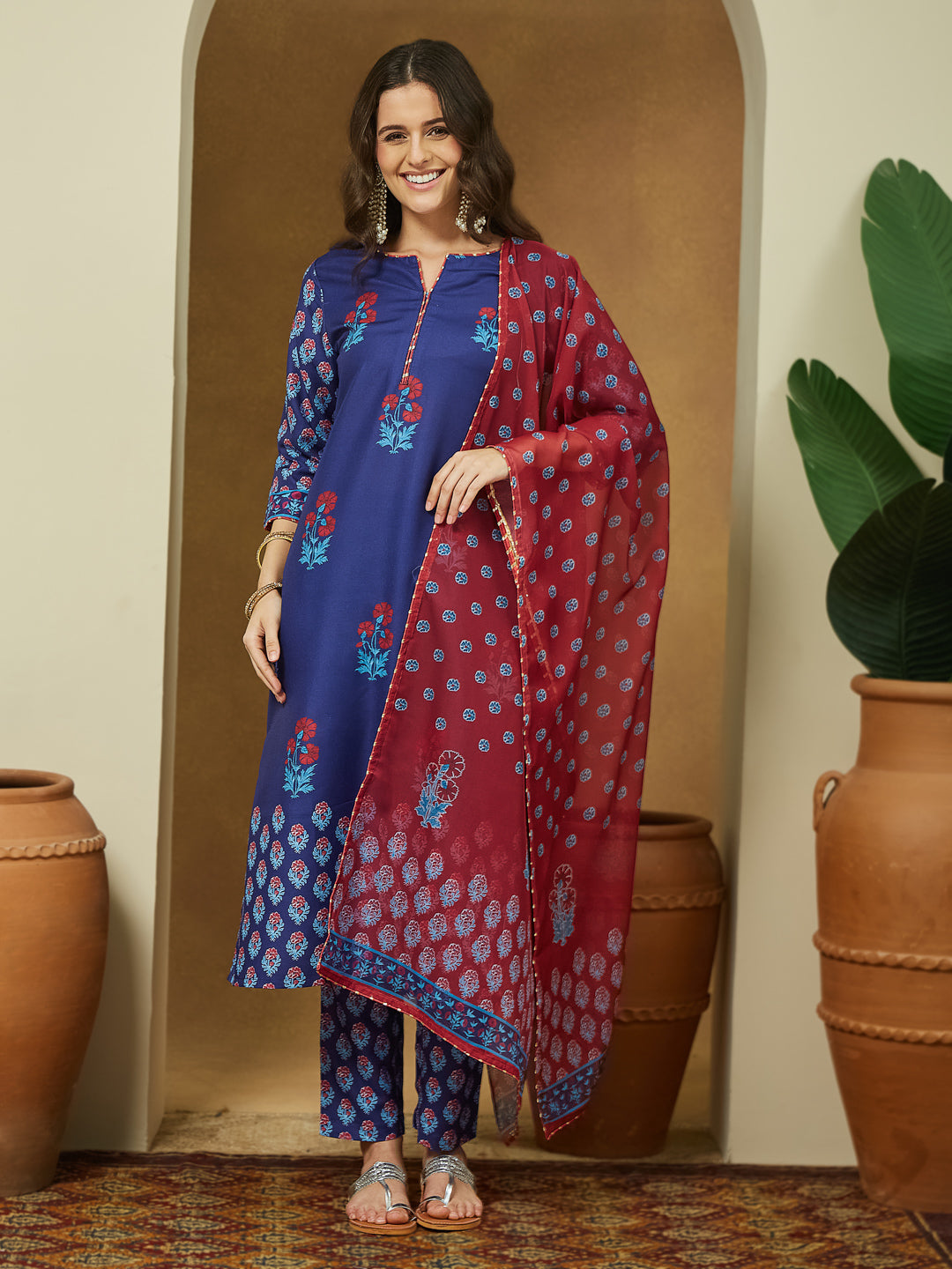 Naari By Shree Women's Purple Cotton Blend Printed Straight Kurta Set