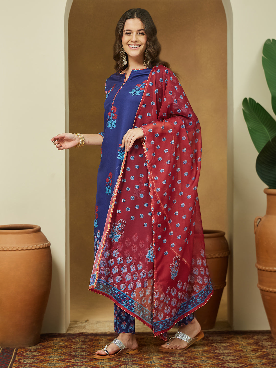 Naari By Shree Women's Purple Cotton Blend Printed Straight Kurta Set