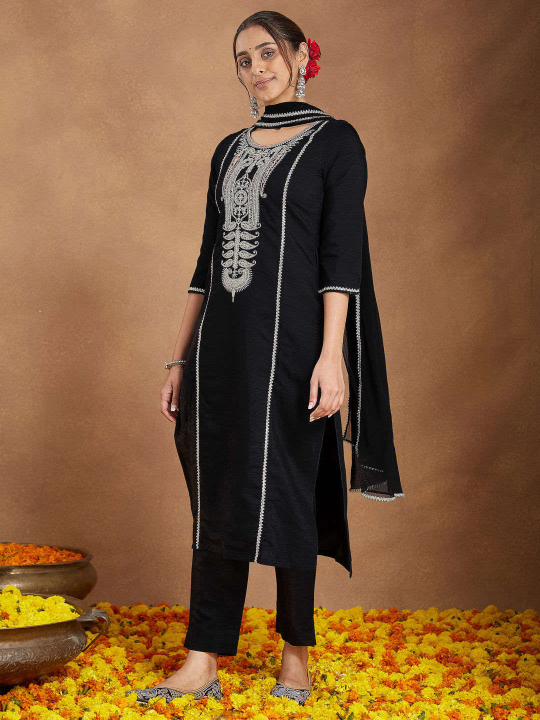 Naari By Shree Women's Black Silk Blend Embroidered Straight Kurta Set