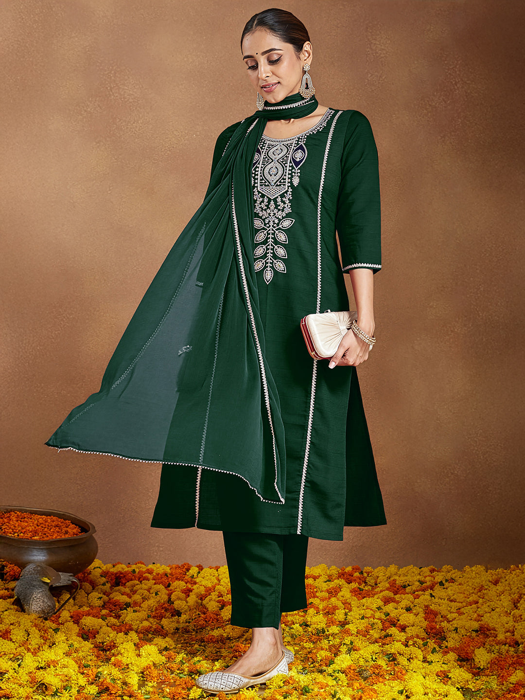 Naari By Shree Women's Bottle Green Silk Blend Embroidered Straight Kurta Set