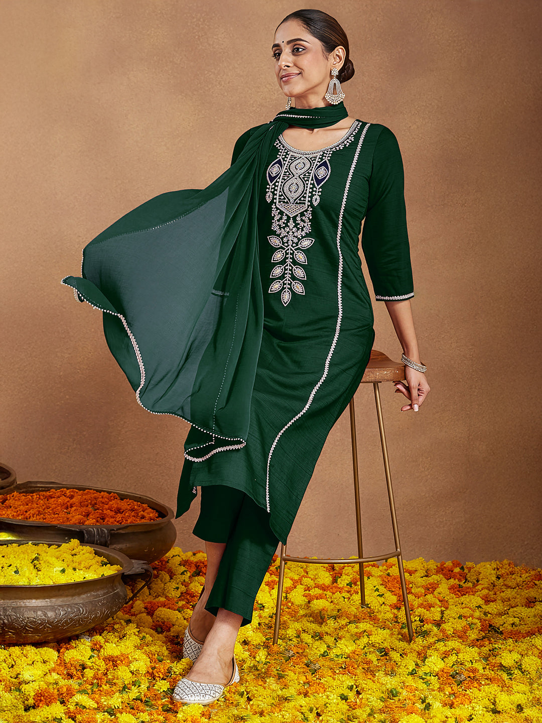 Naari By Shree Women's Bottle Green Silk Blend Embroidered Straight Kurta Set