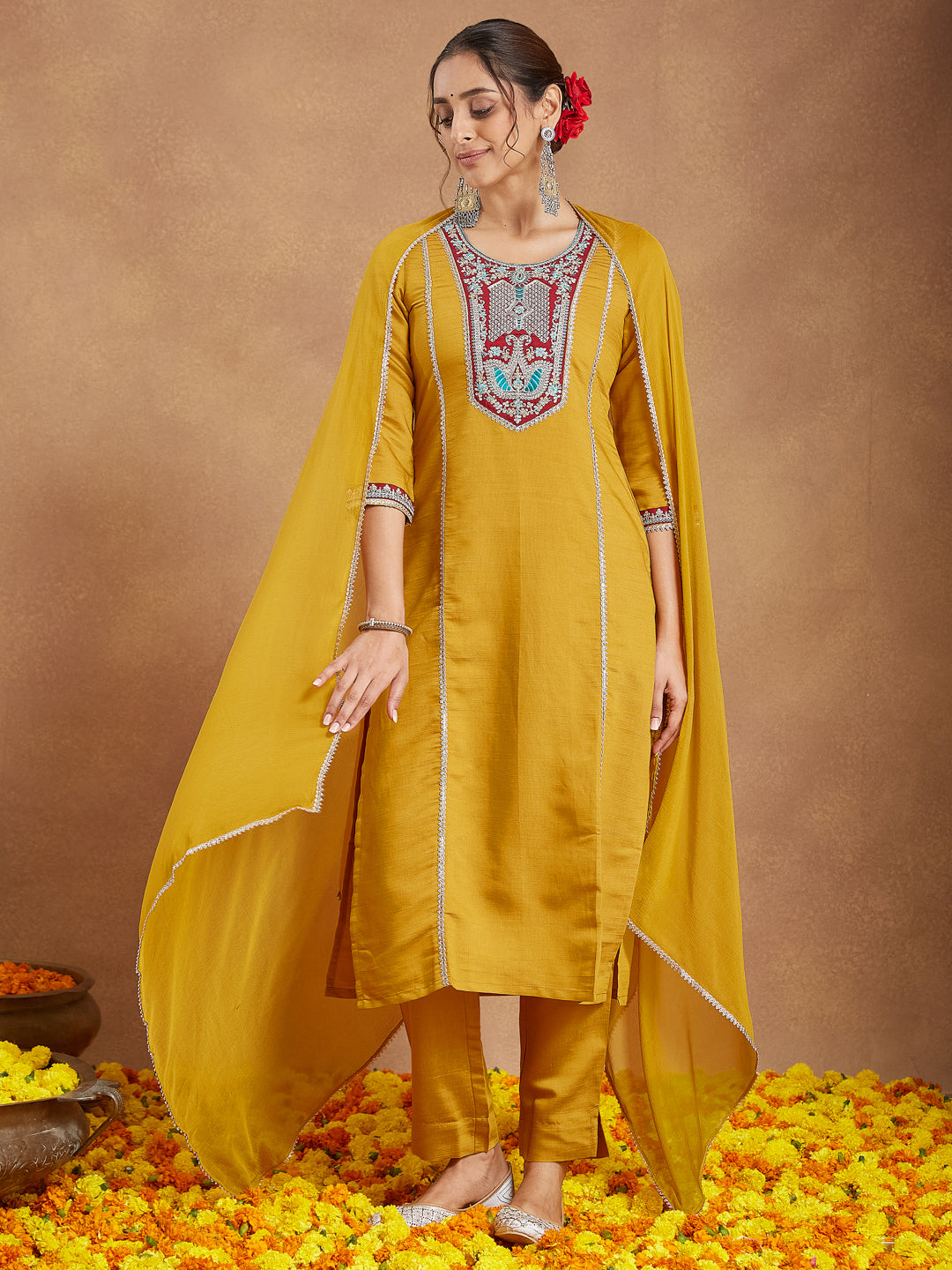 Naari By Shree Women's Mustard Silk Blend Embroidered Straight Kurta Set
