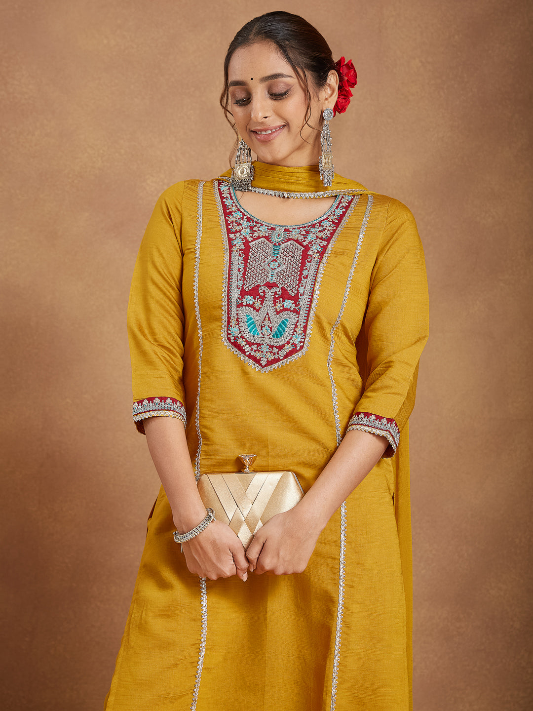 Naari By Shree Women's Mustard Silk Blend Embroidered Straight Kurta Set