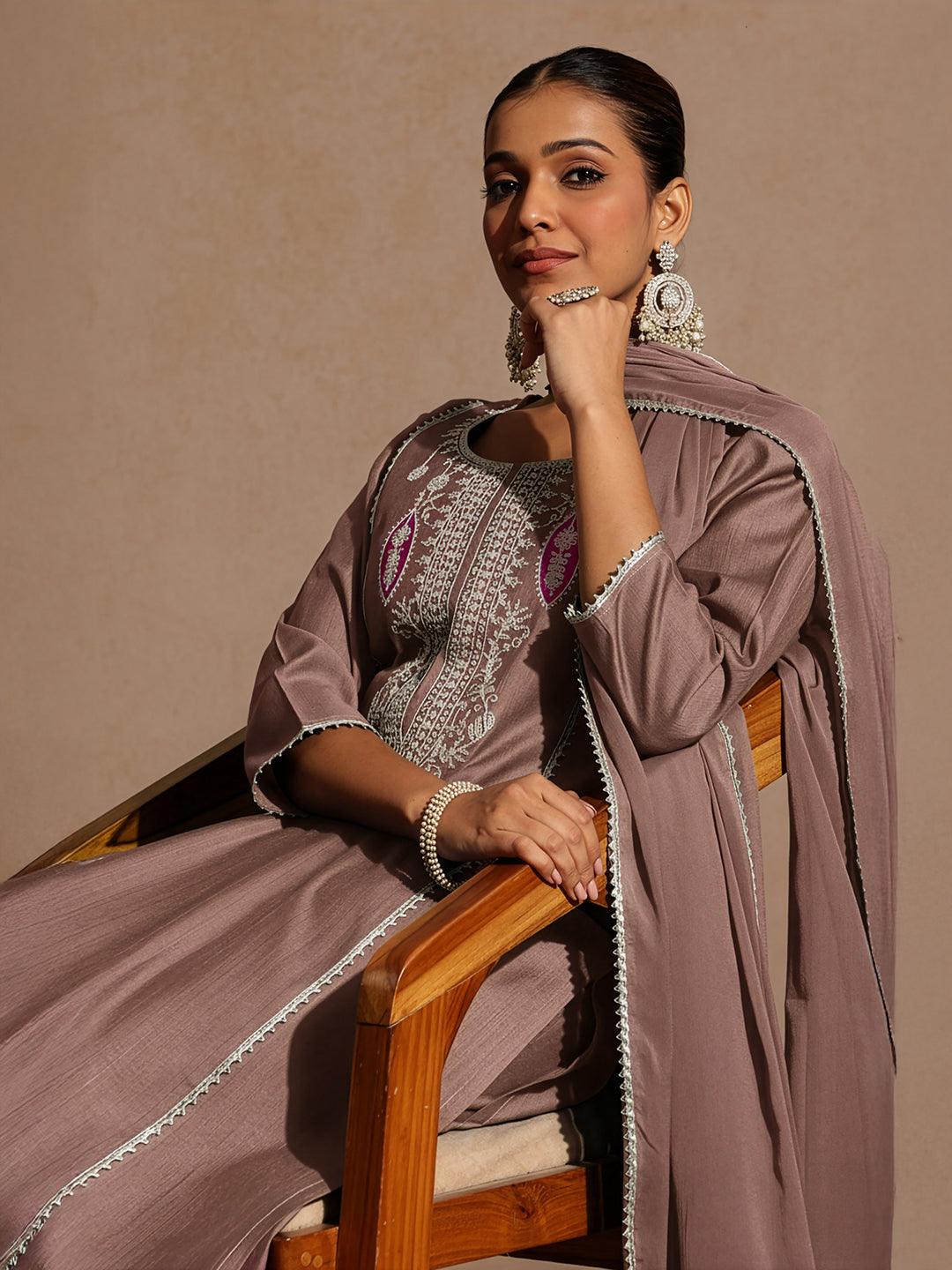 Naari By Shree Women's Brown Silk Blend Embroidered Straight Kurta Set