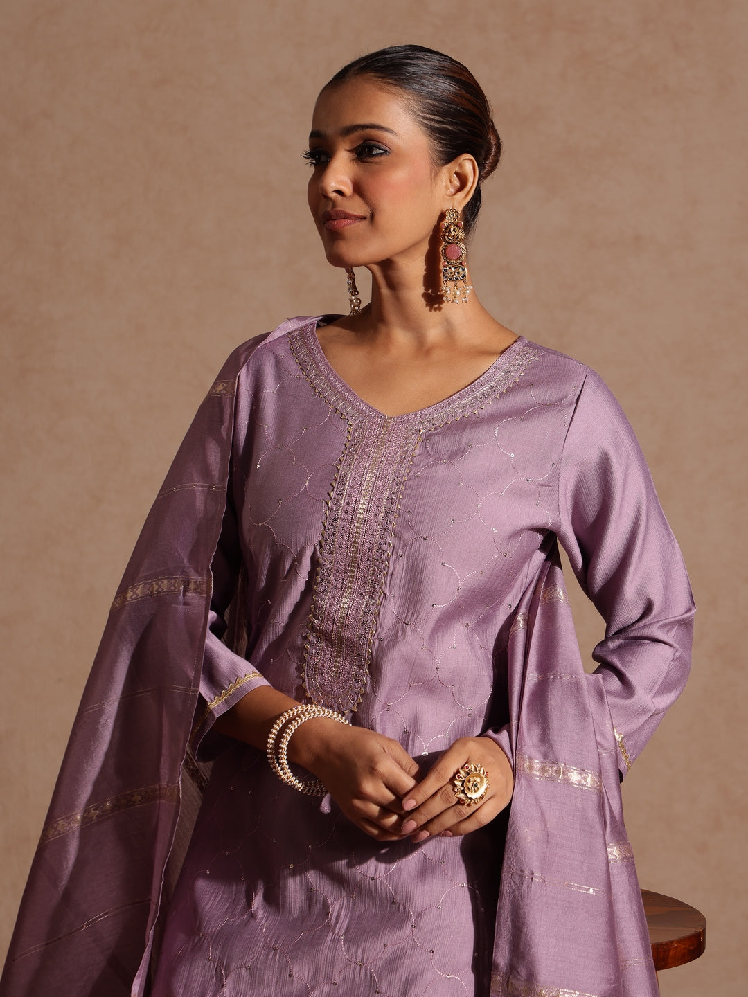 Naari By Shree Women's Lavender Silk Blend Embellished Straight Kurta Set