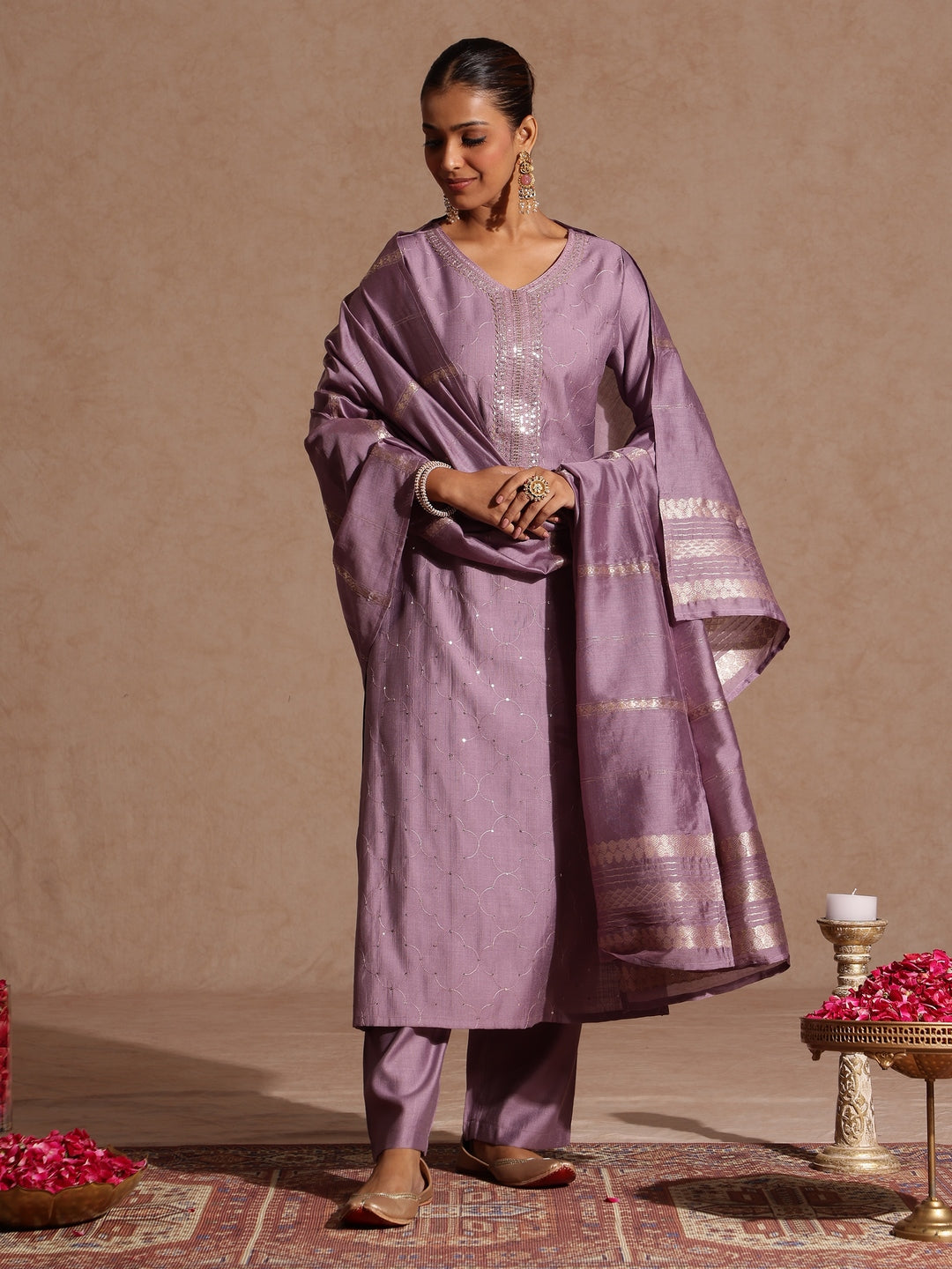 Naari By Shree Women's Lavender Silk Blend Embellished Straight Kurta Set