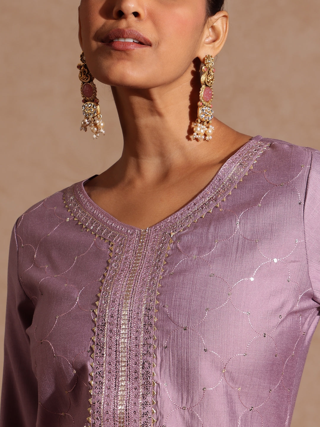 Naari By Shree Women's Lavender Silk Blend Embellished Straight Kurta Set