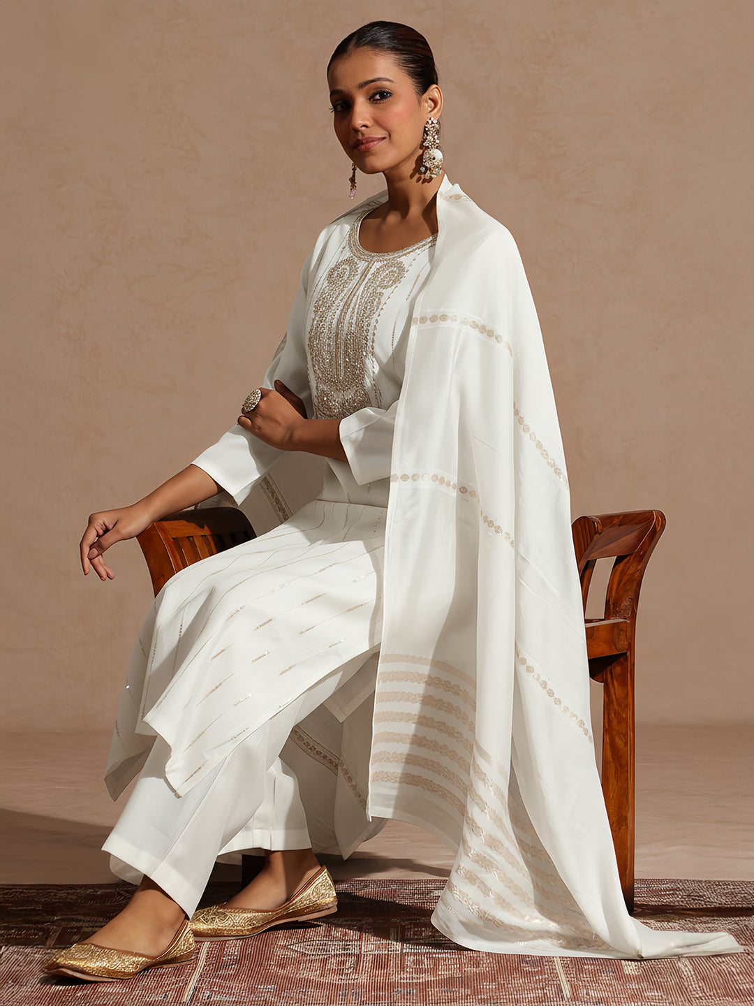 Naari By Shree Women's Off White Silk Blend Embellished Zari Embroidered Straight Kurta Set