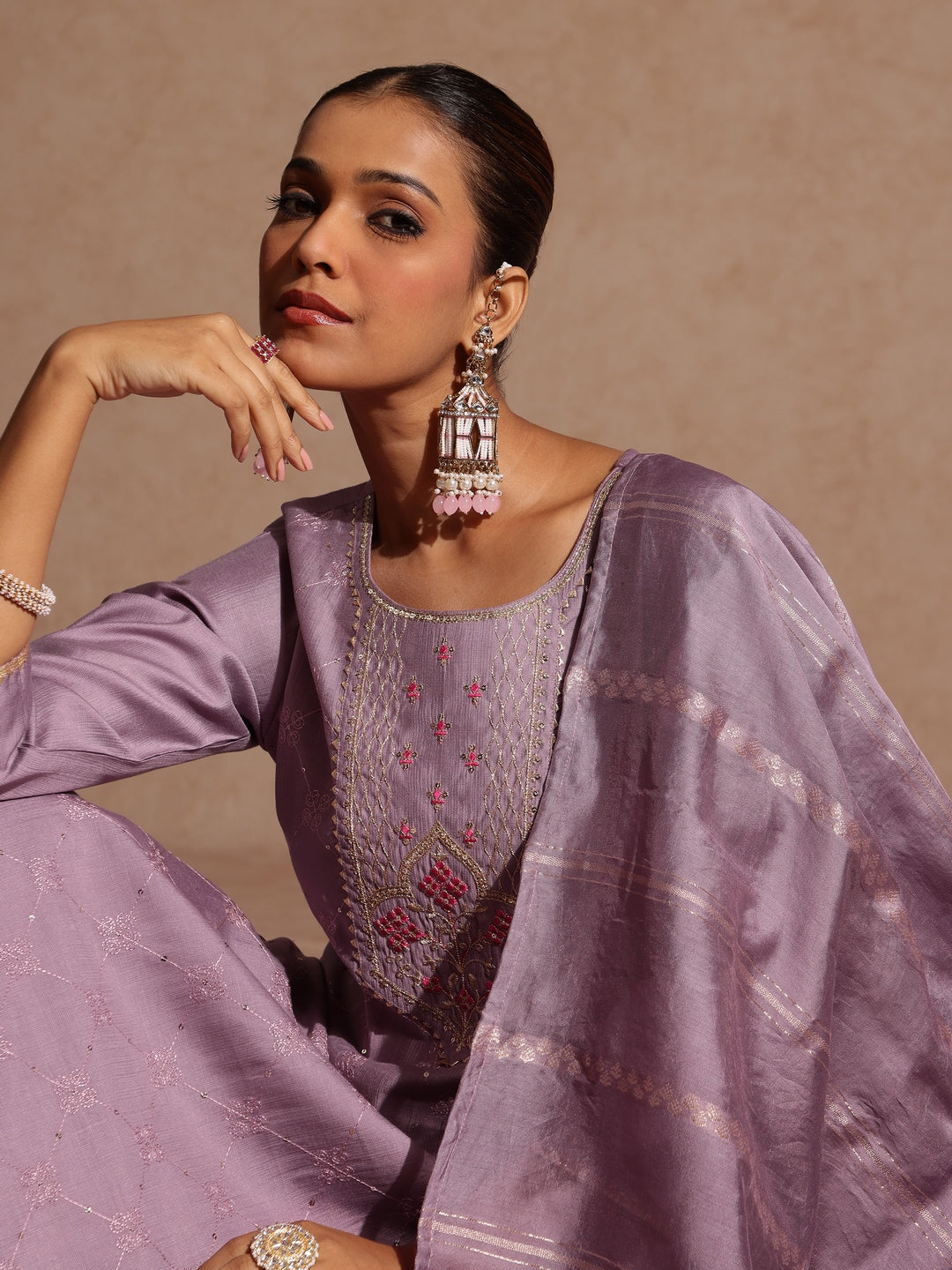 Naari By Shree Women's Lavender Silk Blend Embellished Straight Kurta Set