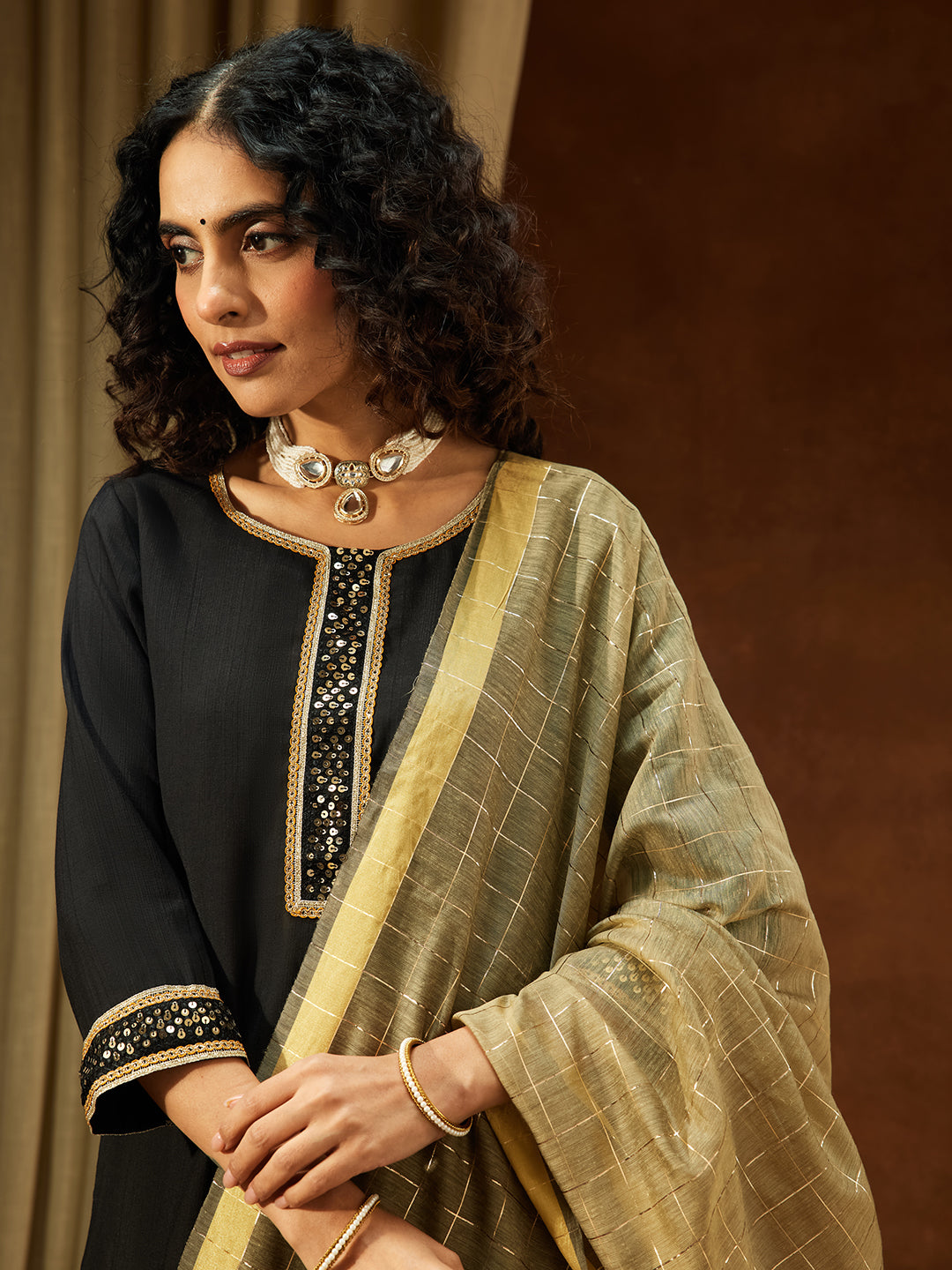 Naari By Shree Women's Black Silk Blend Embellished Straight Kurta Set