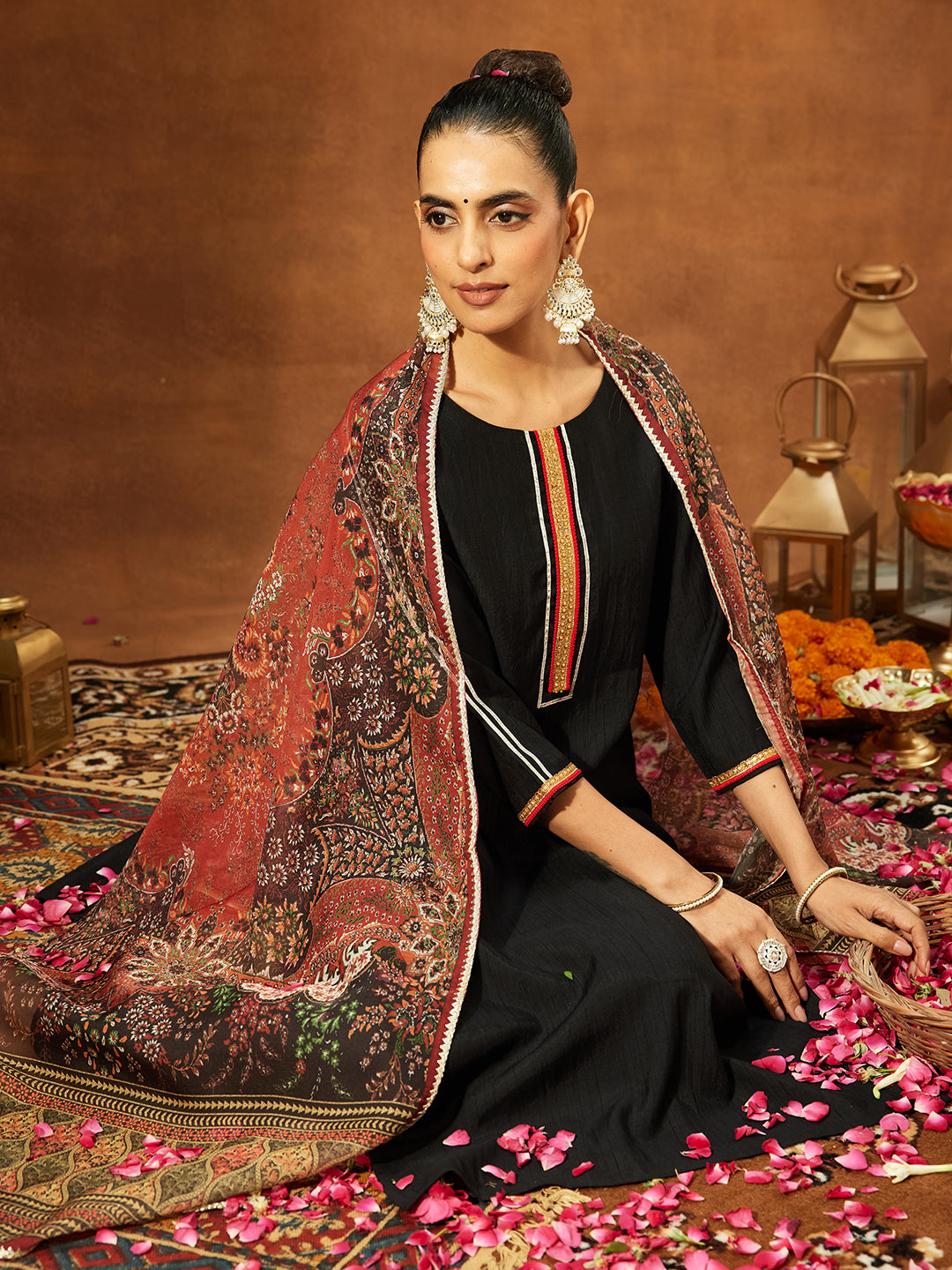 Naari By Shree Women's Black Silk Blend Embellished Straight Kurta Set