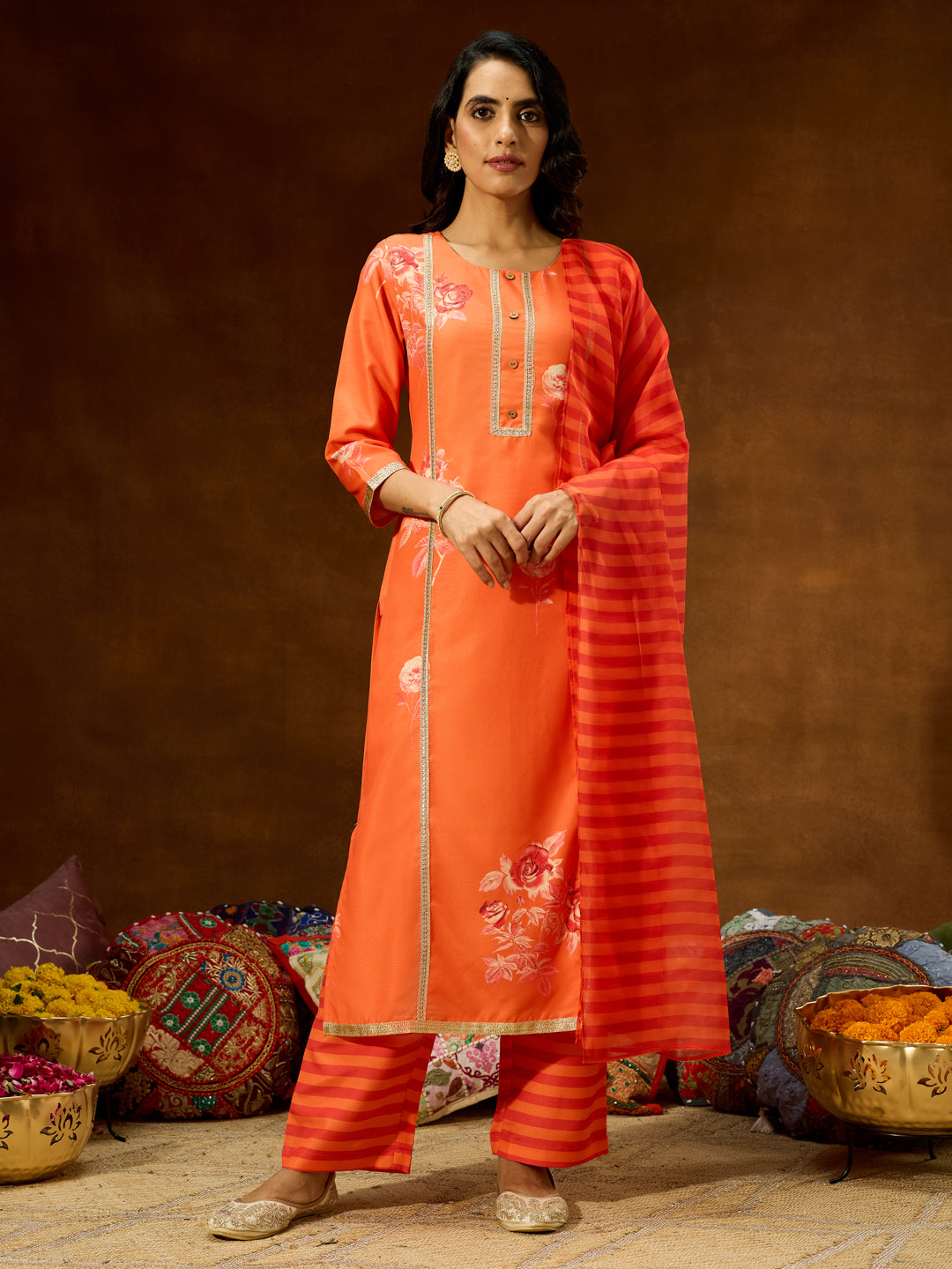 Naari By Shree Women's Orange Cotton Blend Embellished Straight Kurta Set