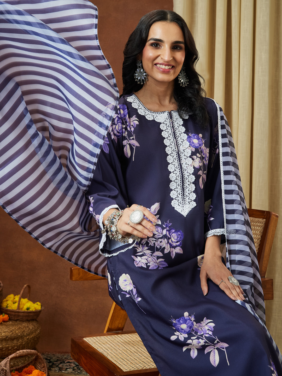 Naari By Shree Women's Purple Cotton Blend Floral Printed Straight Kurta Set