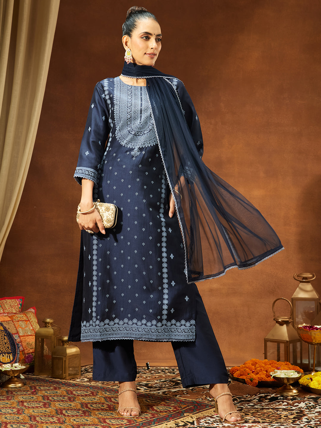 Naari By Shree Women's Navy Blue Silk Blend Ethnic Printed Straight Kurta Set
