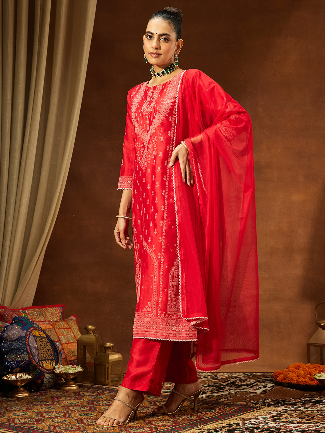 Naari By Shree Women's Red Silk Blend Ethnic Printed Straight Kurta Set