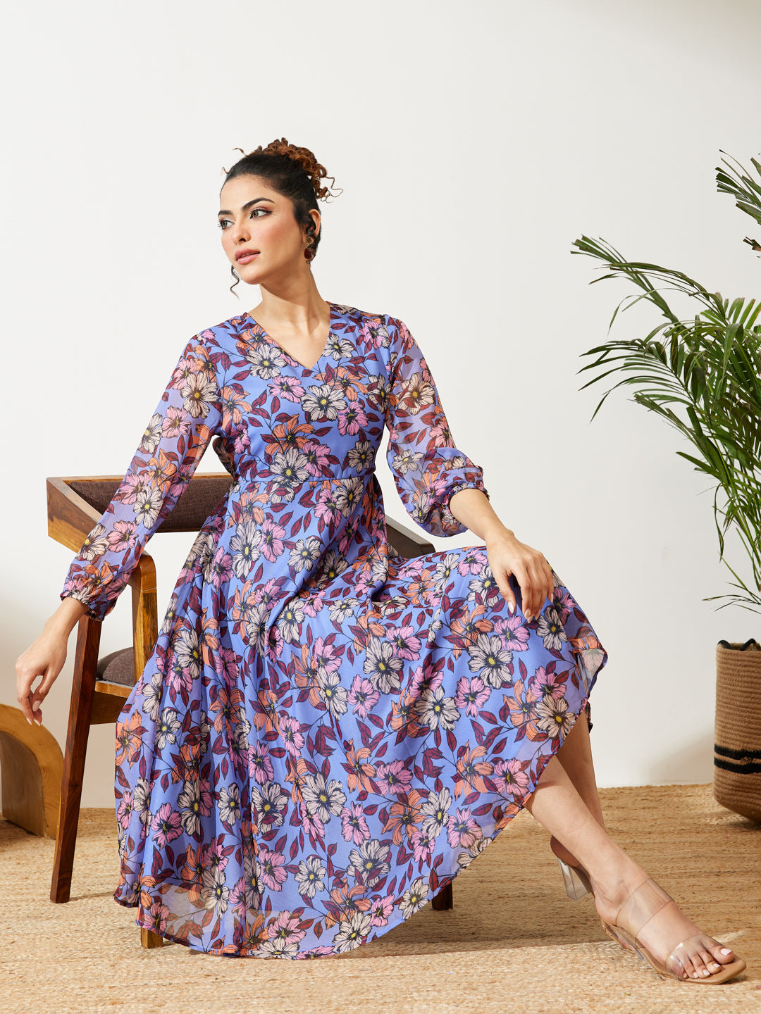 Naari By Shree Women's Lavender Georgette Floral Printed A-line Dress