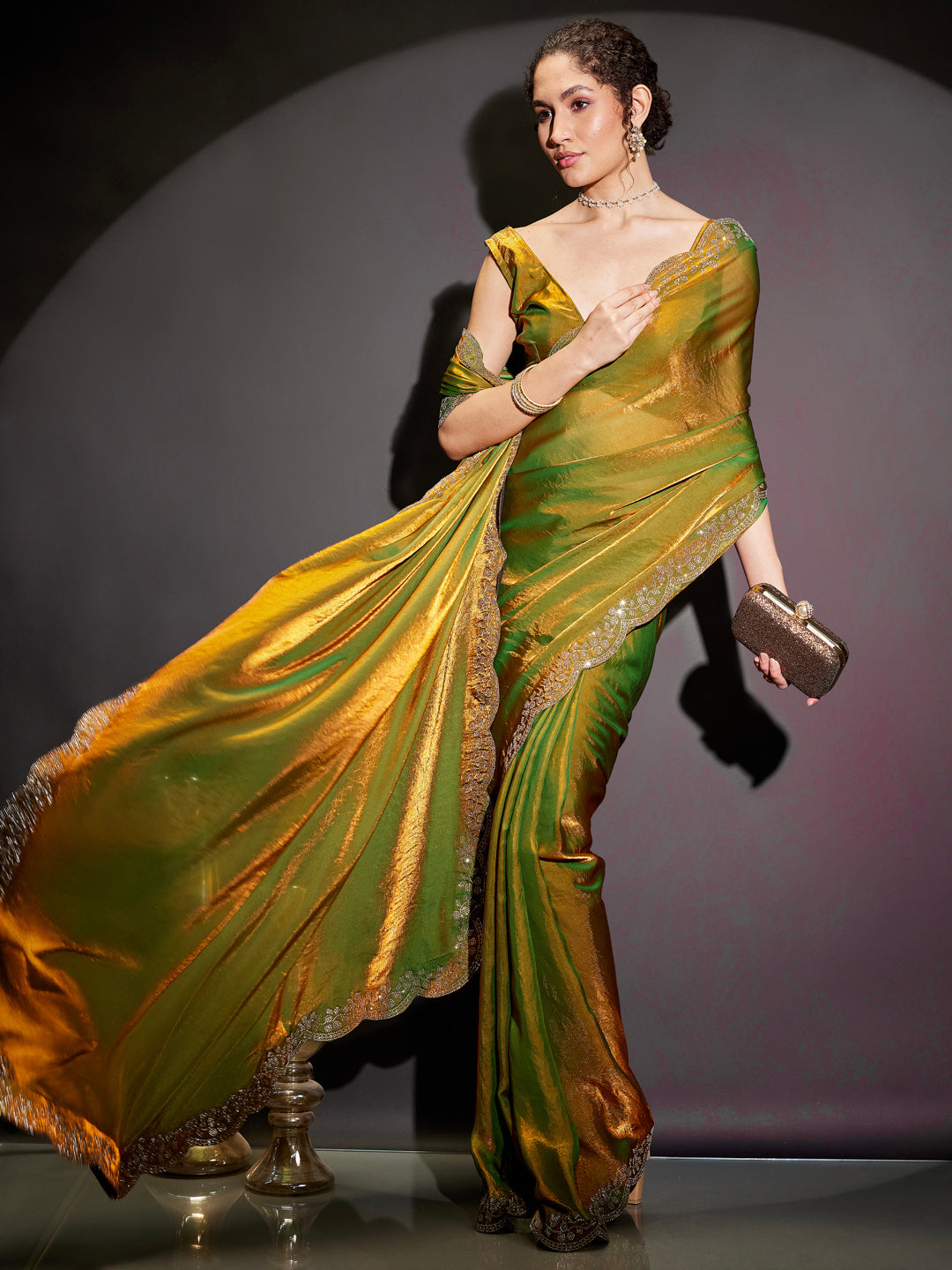 Naari By Shree Women's Green & Gold Tissue Silk One-Minute Ready-to-Wear Embellished Saree with Unstitched Blouse