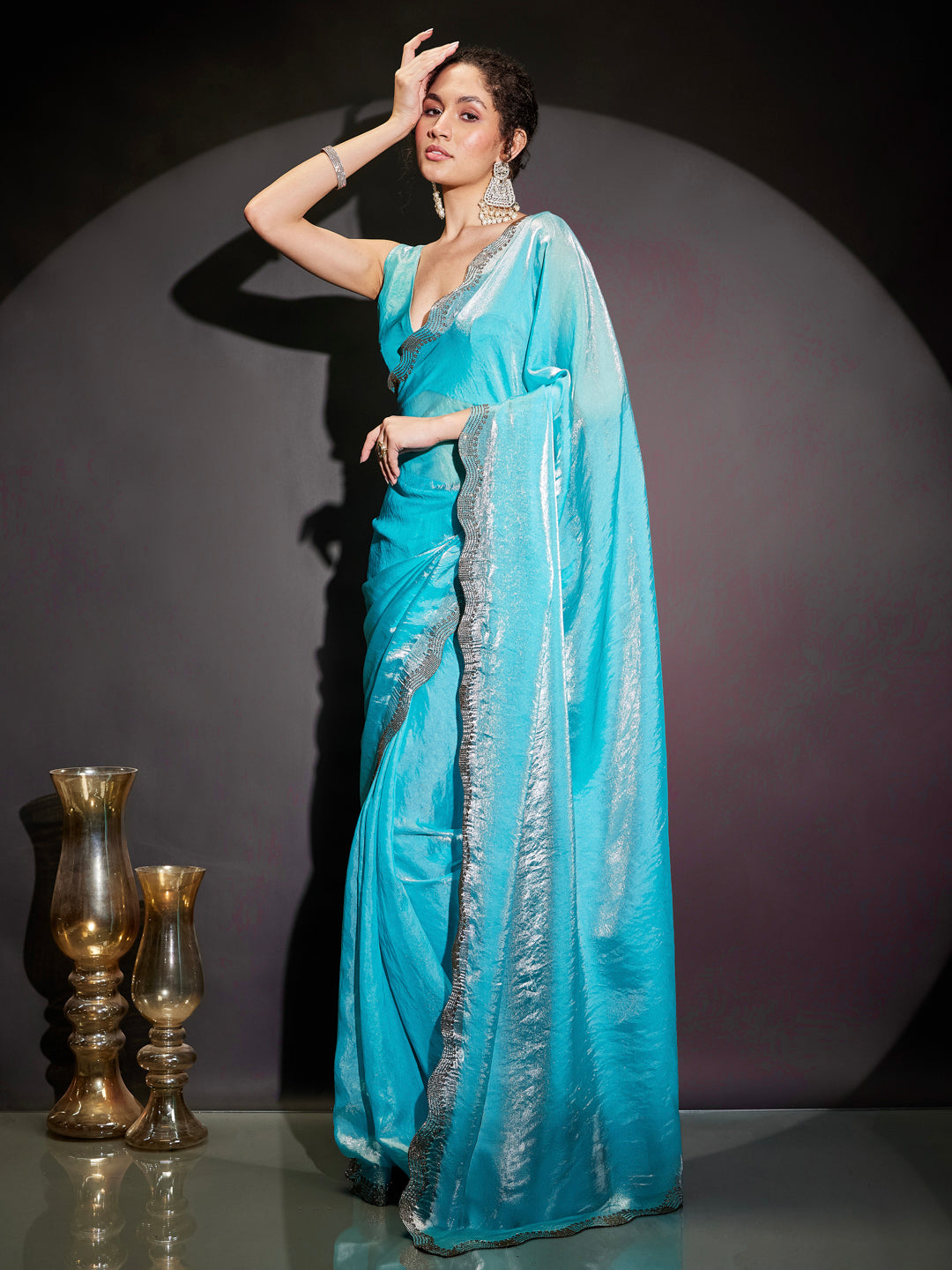 Naari By Shree Women's Light Blue Tissue Silk One-Minute Ready-to-Wear Embellished Saree with Unstitched Blouse