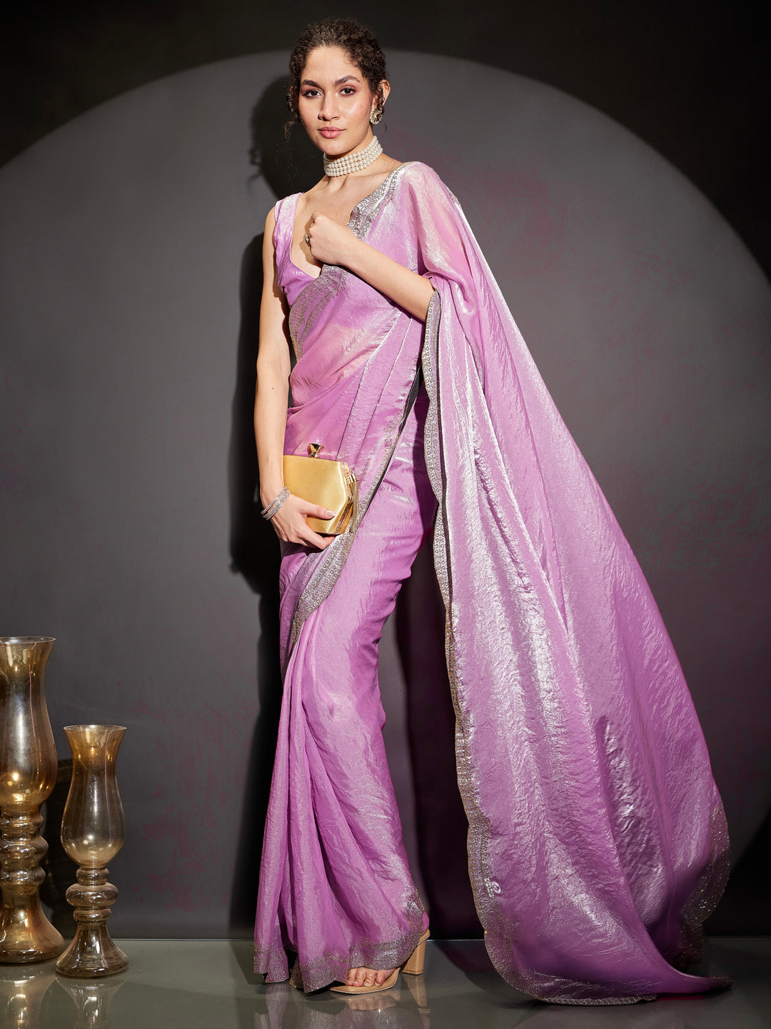 Naari By Shree Women's Lavender Tissue Silk One-Minute Ready-to-Wear Embellished Saree with Unstitched Blouse